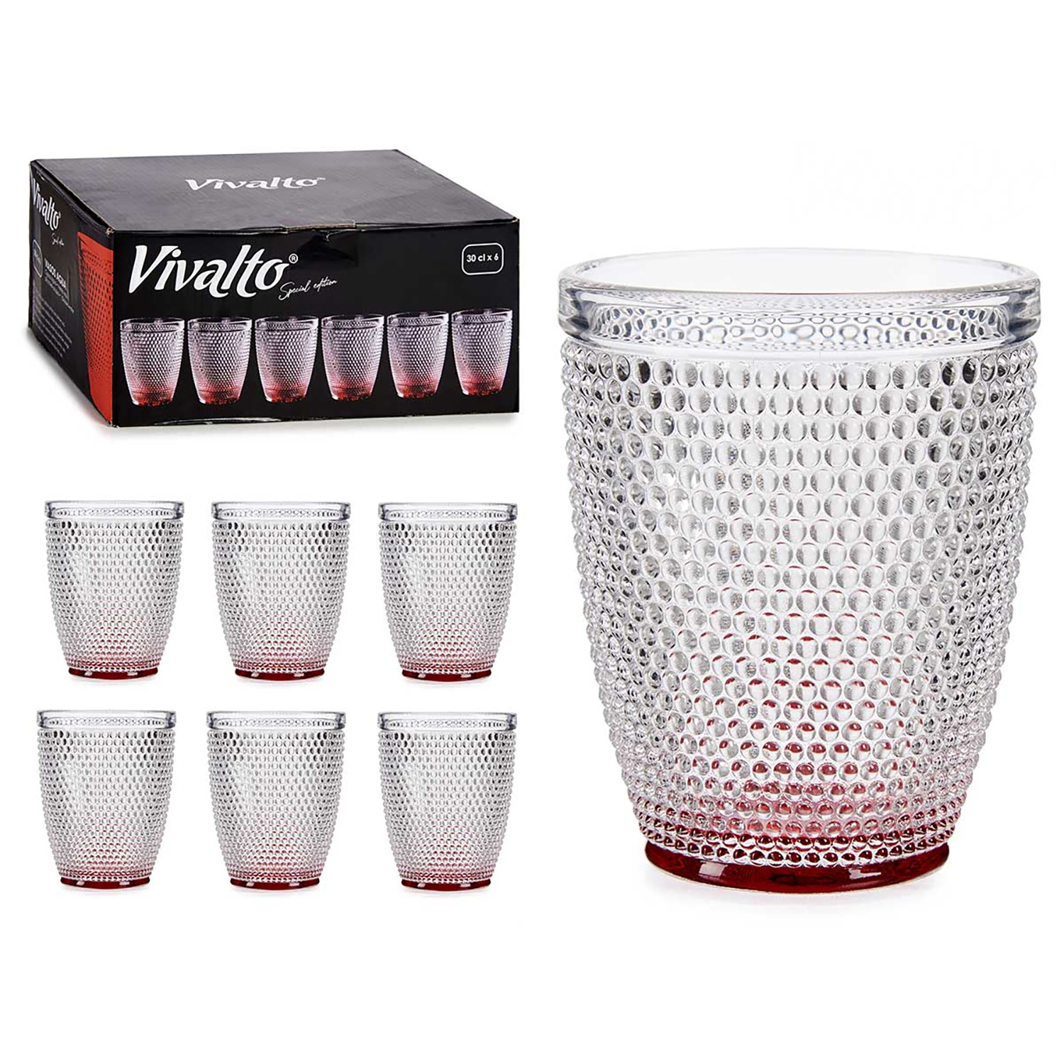 DAM PACK 6 VASOS CRISTAL PUNTOS AGUA 300ML ROJO 8x8x10 Cm. Color: Transparente