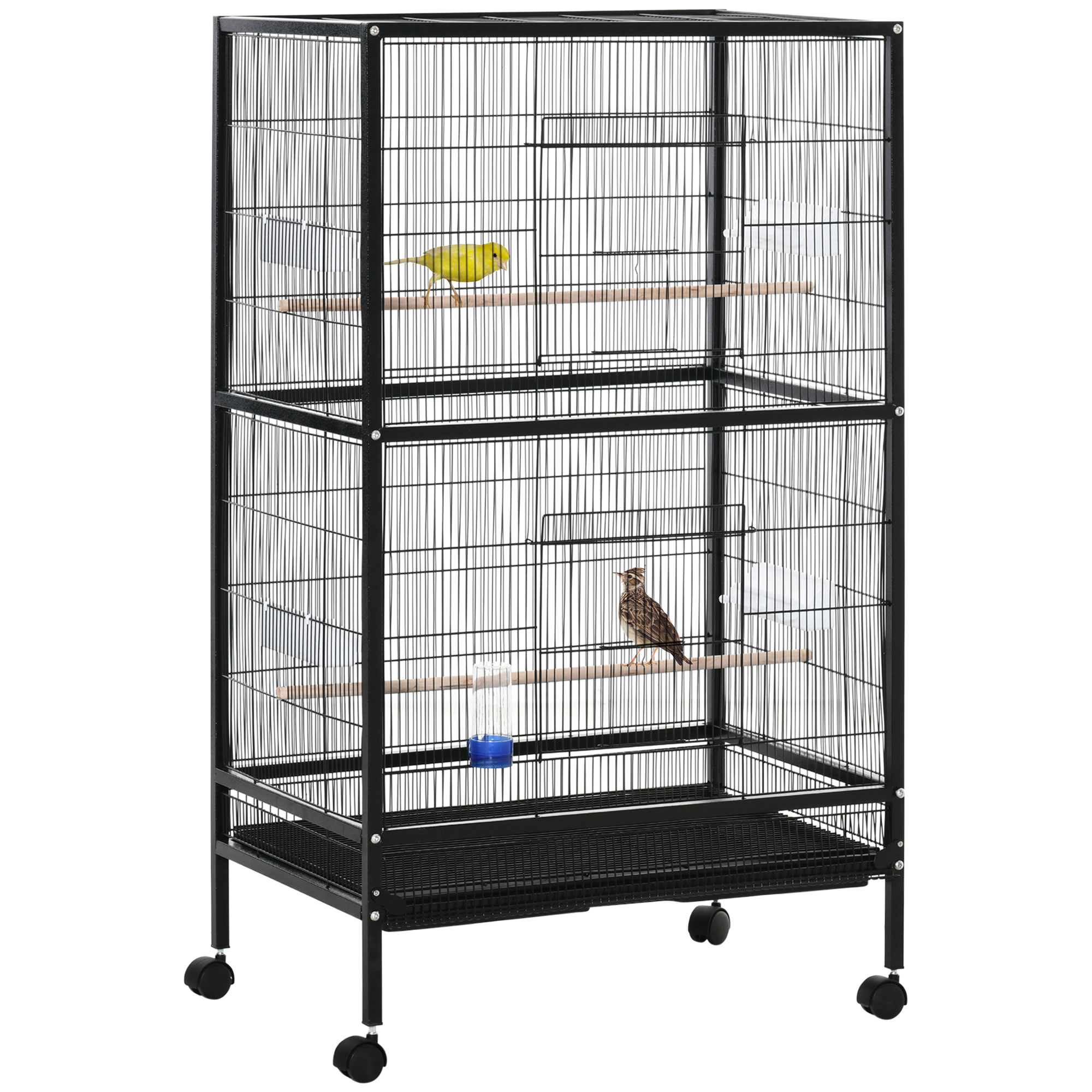PawHut Jaula para Pájaros con 4 Ruedas Pajarera Metálica con Varias Puertas 4 Jaulas Bebedero 2 Perchas 79x52x137 cm Negro