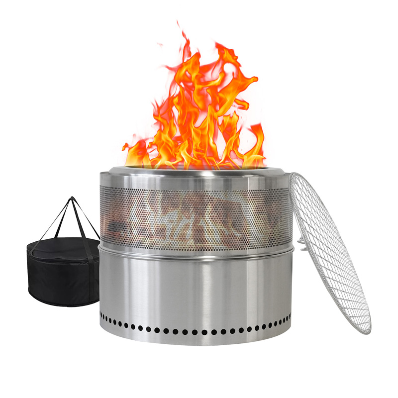 Brasero extérieur argenté en acier inoxydable 49,5 cm avec combustion optimisée et conception portable
