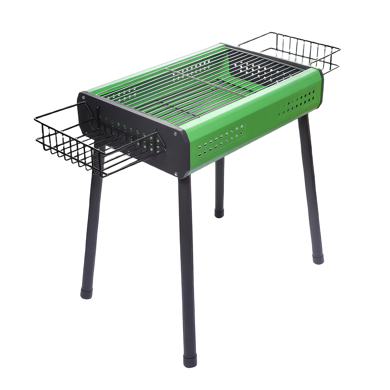 Barbacoa portátil de carbón CA-26 con patas desmontables, dos bandejas grill, cestas laterales y ventilación optimizada para una cocción uniforme.