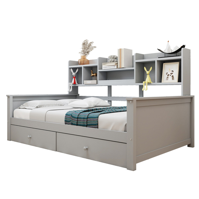 Lit banquette gris 90 x 200 cm en bois avec deux tiroirs, rangements latéraux et sommier à lattes