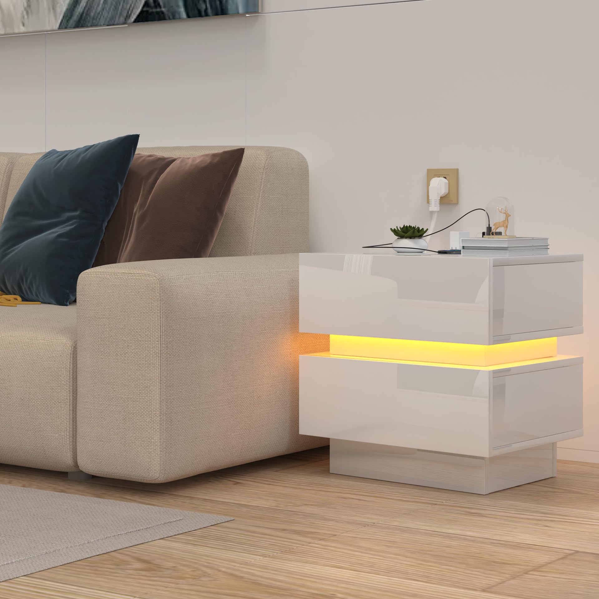 Mesita de noche inteligente, mesita de noche con luz LED, moderna mesa de  noche blanca de alto brillo con 2 cajones de almacenamiento para  dormitorio