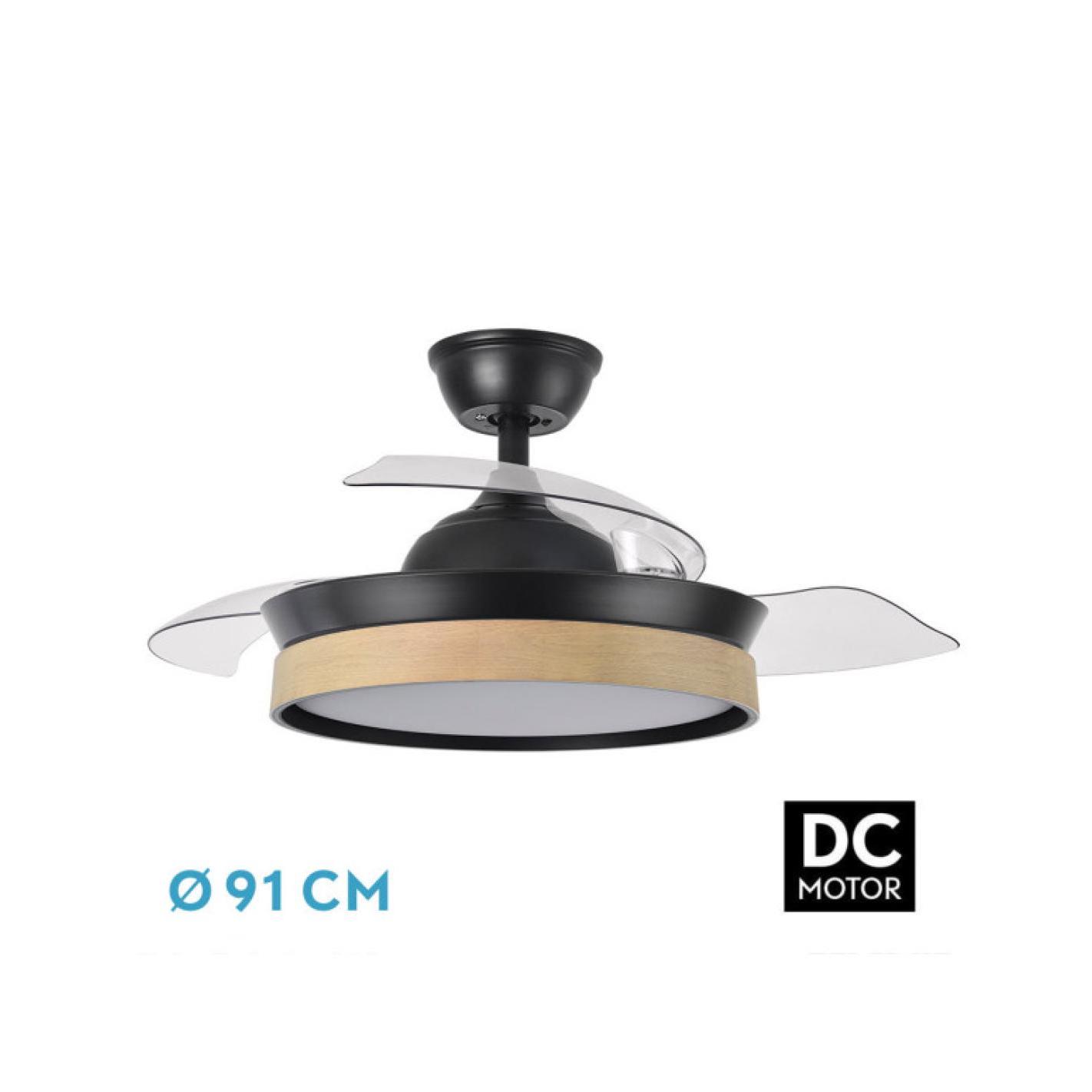 Fabrilamp - Ventilador Dc Iglu Negro/haya 72w 6120lm 91d 3asp.desplegable 3000-4000-6000k Remoto, Temporizador, Memoria