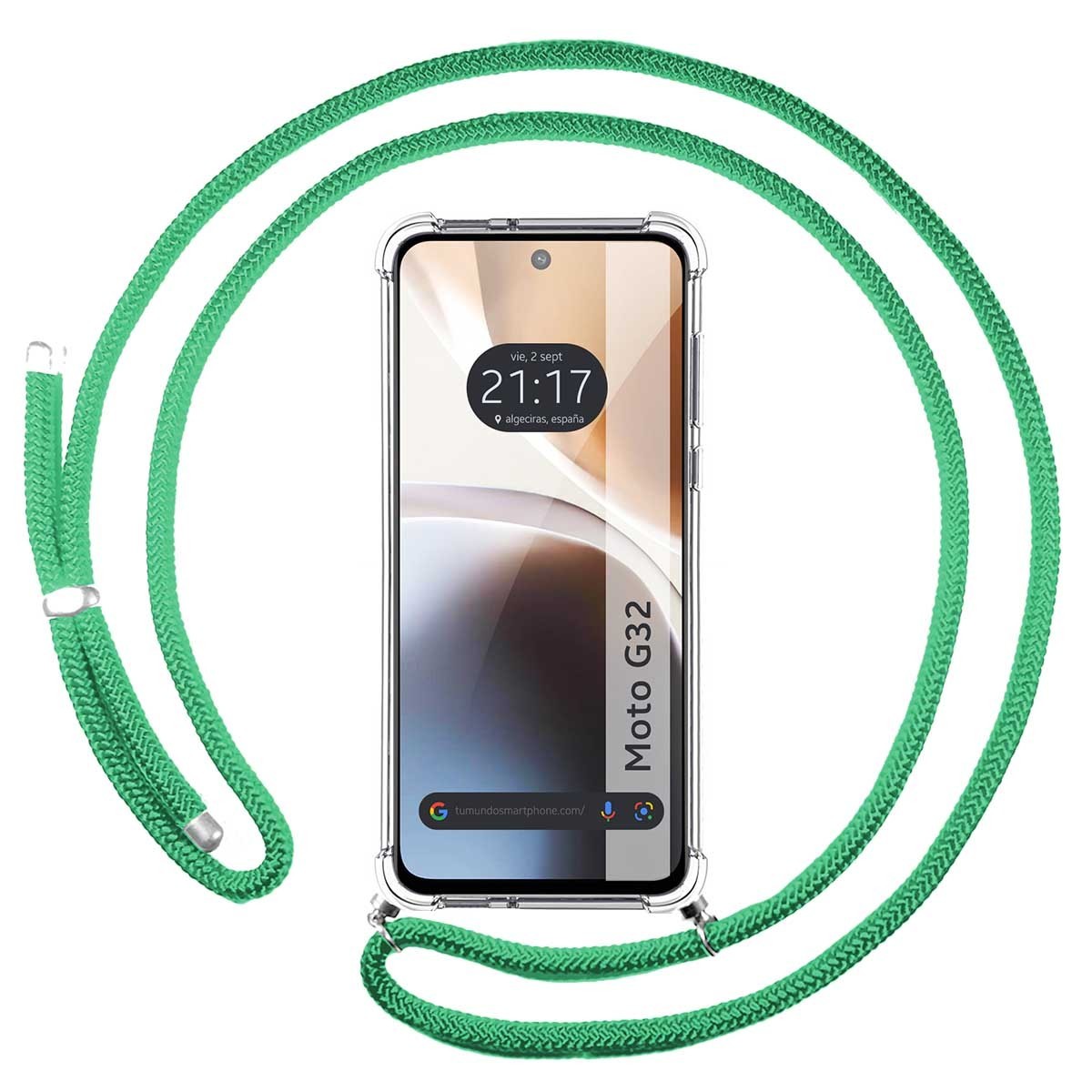 Funda Colgante Transparente Tumundosmartphone para Motorola Moto G32 con Cordon Verde Agua - Protección Antigolpes