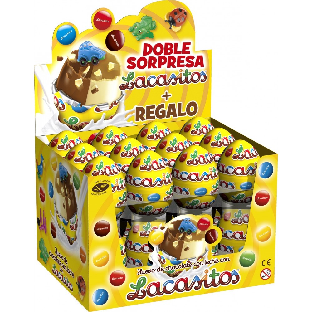 Huevos de Lacasitos - Contiene 24 unidades de 23g - Delicioso huevo de chocolate con leche y chocolate blanco con doble sorpresa en el interior: ¡3 lacasitos + sorpresa coleccionable!