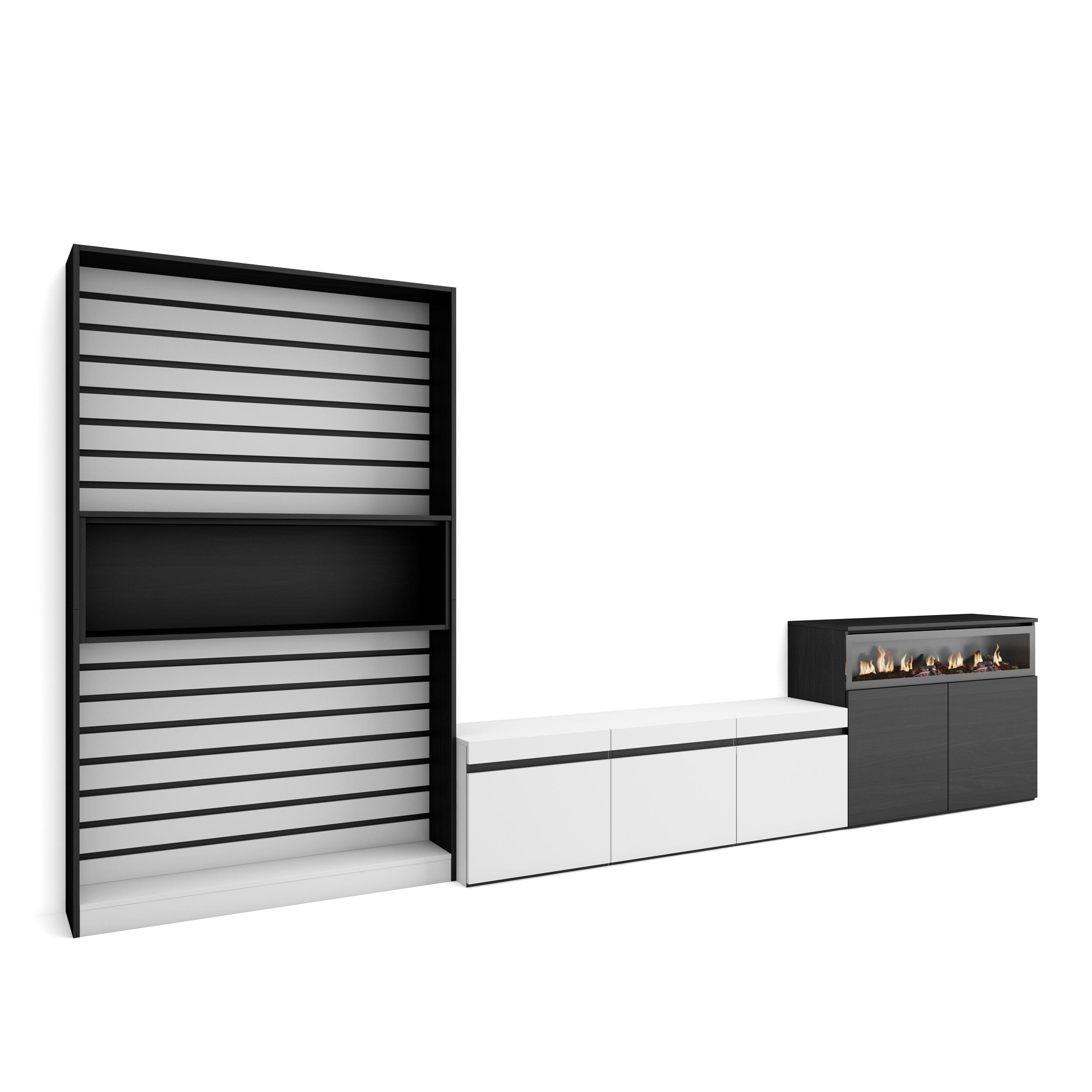 Skraut Home, Conjunto de muebles de Salón, Estantería, Mueble TV con tres puertas, Aparador con dos puertas y Fuego led efecto 3d, 360x35x186cm
