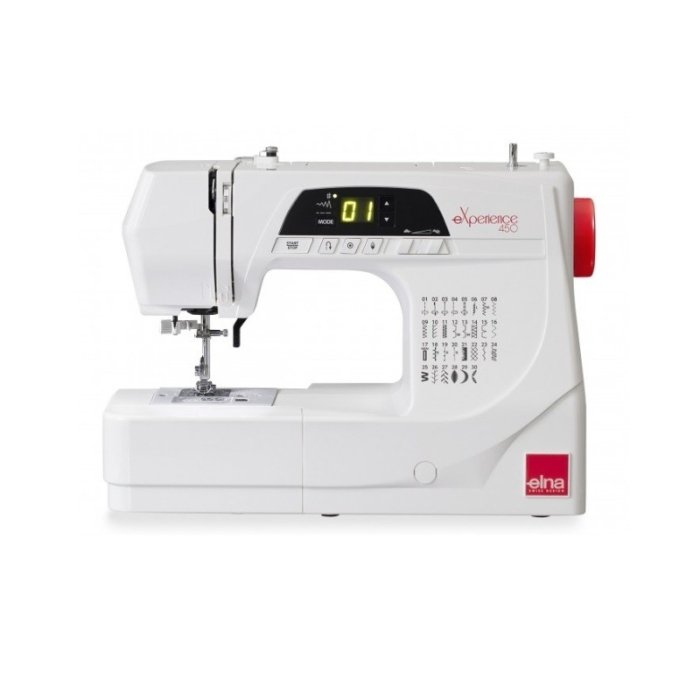 Máquina de Coser Electrónica Elna 450Ex - Brazo Libre - 30 Puntadas - Enhebrador Automático - Ojal Automático Programable - Regulador de Velocidad - Doble Altura de Prensatelas - 820 Ppm - Pantalla LCD - Iluminación LED - Accesorios Incluidos