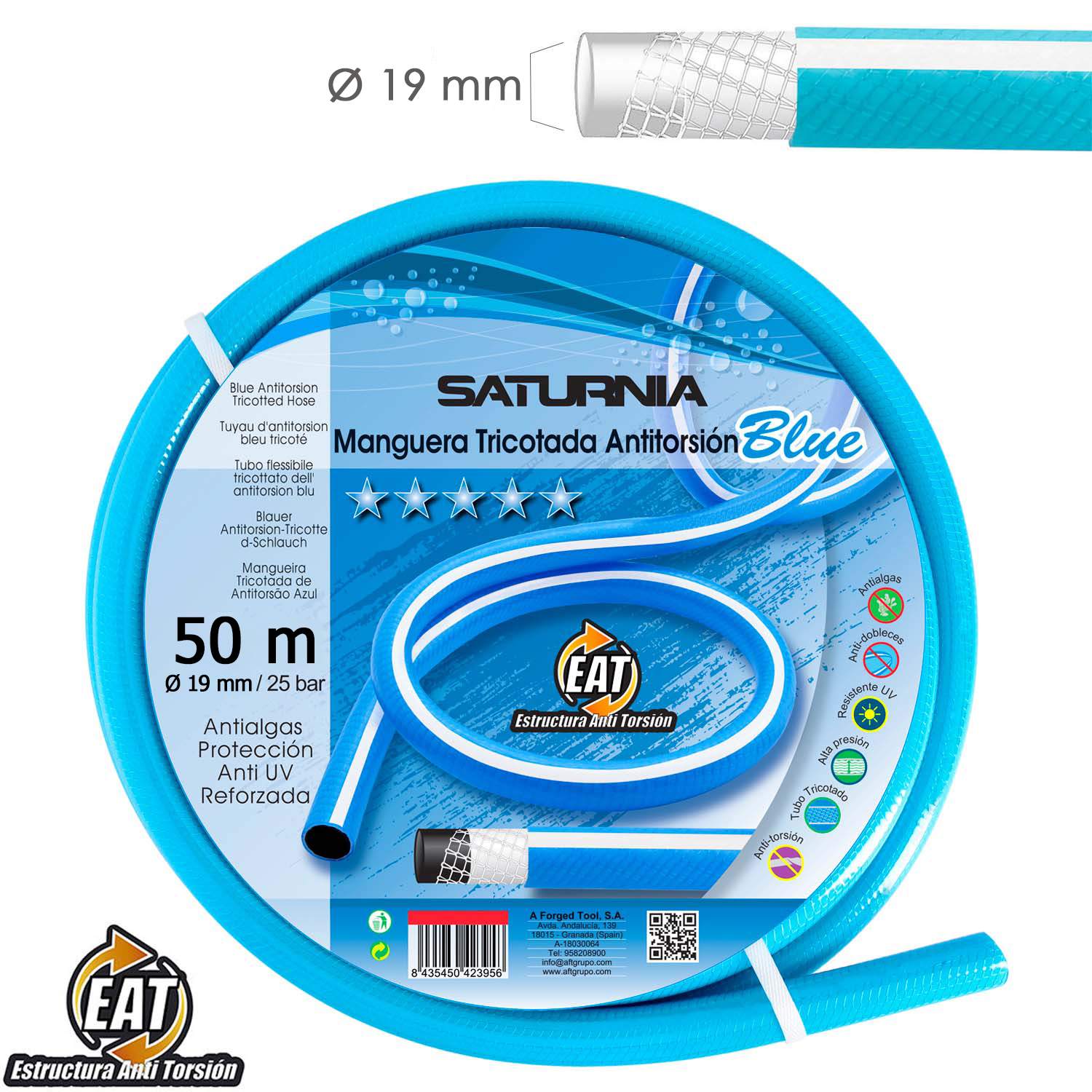 SANCO STORE - SATURNIA Manguera Tricotada No Torsion Blue Ø 19 mm. Rollo 50 metros. Manguera Anti Torsion, Manguera Sin Dobleces, Manguera Sin Nudos