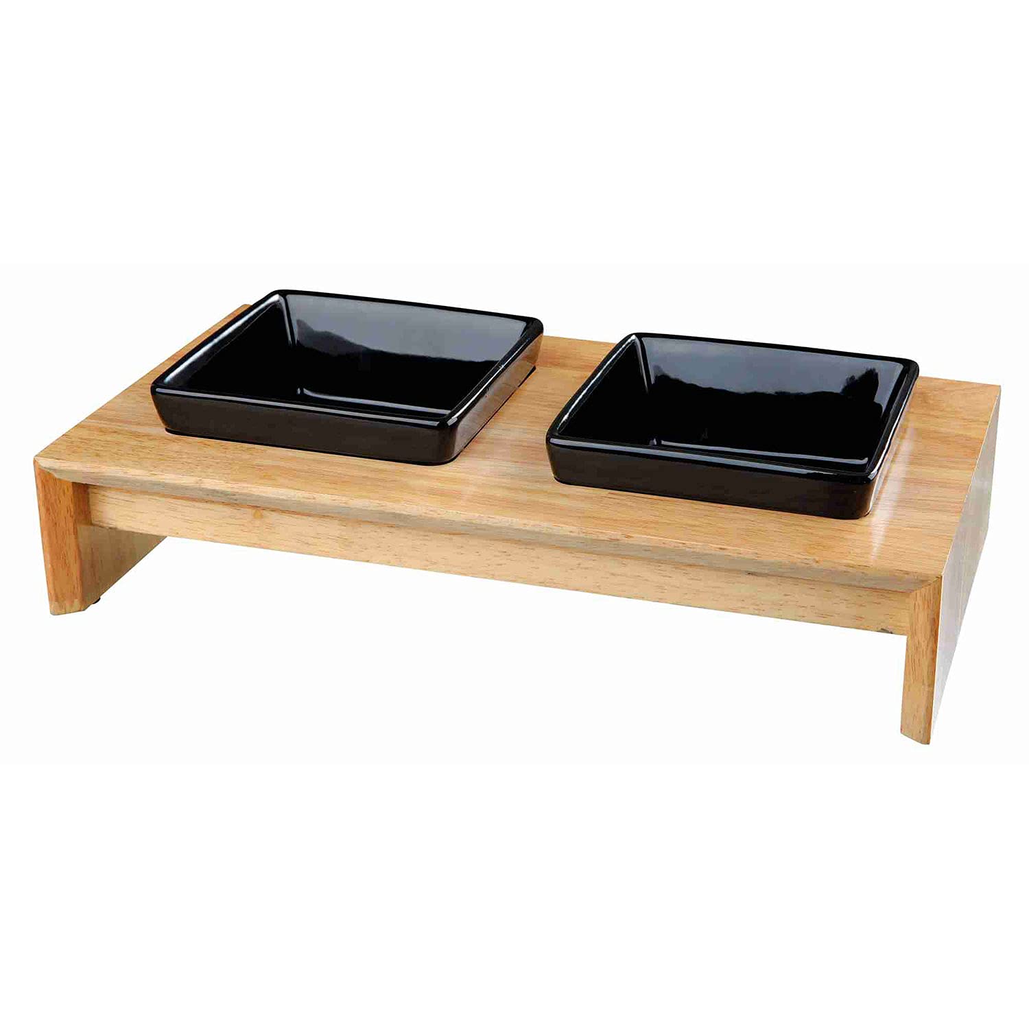 TRIXIE Bowl set, ceramic/wood, 2 × 0.4 l/13 × 13 cm/36 × 7 × 19 cm, black/natural