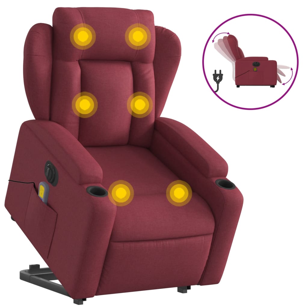vidaXL Sillón de masaje elevable eléctrico tela rojo tinto