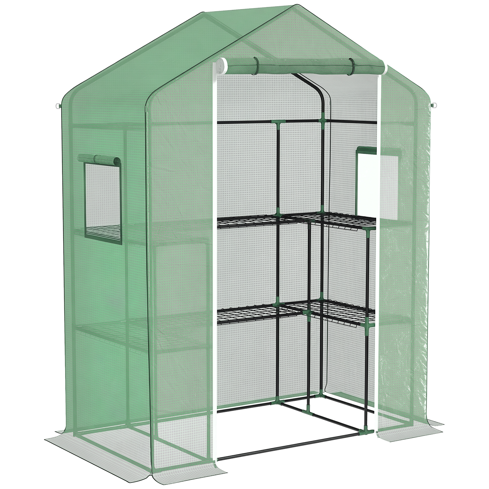 Outsunny Invernadero de Exterior de 3 Niveles Invernadero de Jardín con Puerta Enrollable 2 Ventanas Estantes en Forma de U para Cultivo de Plantas en Terraza Patio 140x73x190 cm Verde