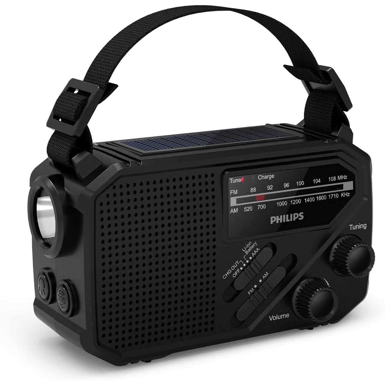 Philips Radio Portátil Sintonización FM/AM Analógica y Digital, Batería Interna Recargable, Pilas AAA y Manivela de Soporte, Energía Solar, Luz LED y linterna Integrada para Emergencias, Camping, Senderismo, Cargar Smartphone o SI HAY Cortes de Corriente