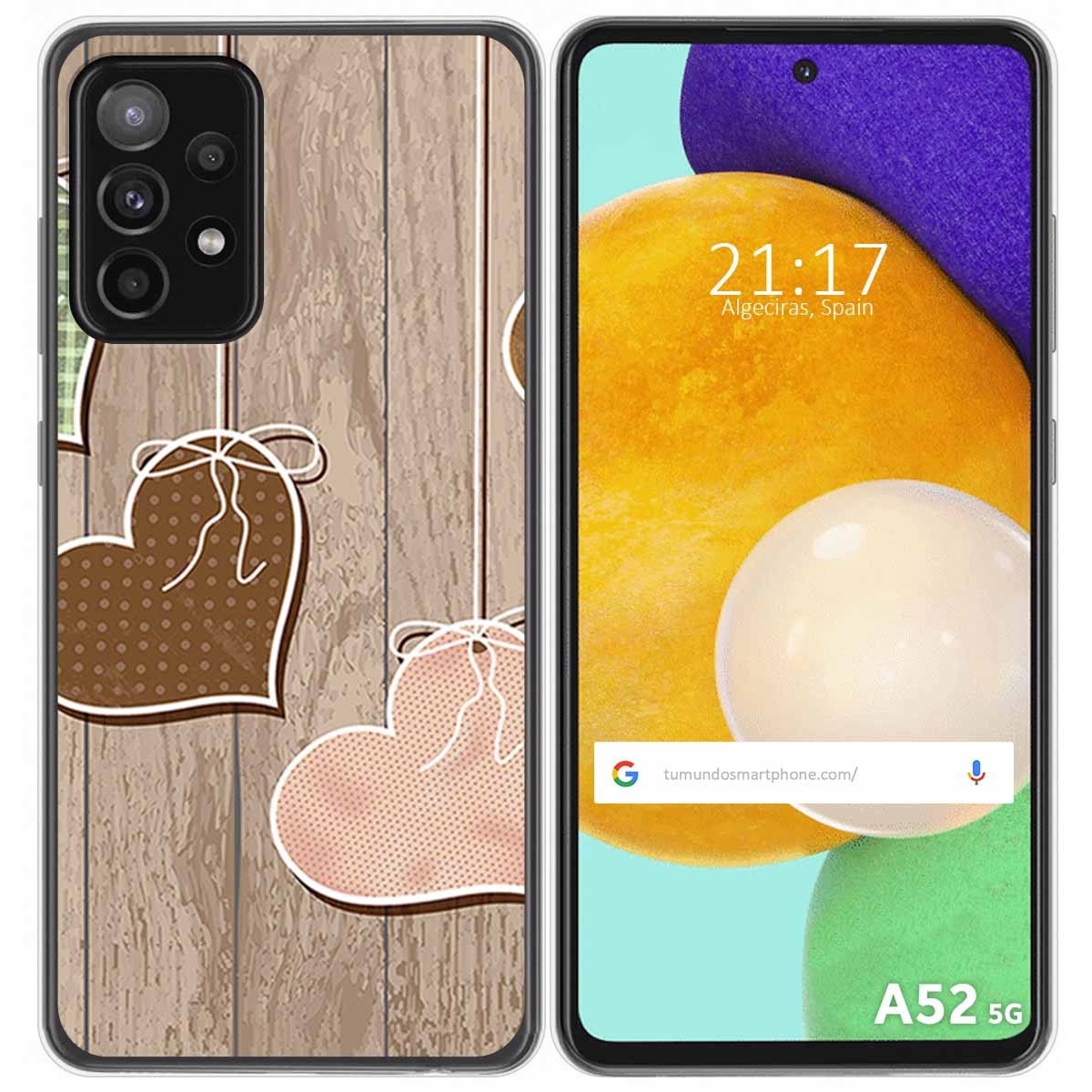 Tumundosmartphone Funda Gel Tpu para Samsung Galaxy A52 / A52 5G / A52s 5G diseño Corazones Madera Dibujos