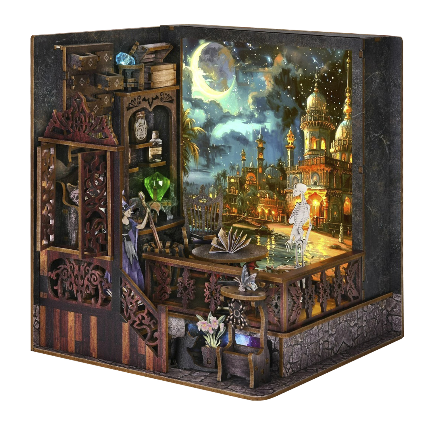 DAM. Exploración mágica. Book Nook de madera, diseño 3D realista, marco luminoso con fondo intercambiable. 18x18x20cm.
