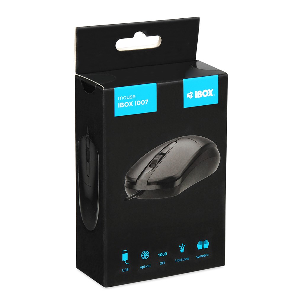 Wired Mouse i-box i010 Rook, black, CE certified, ideal for gaming with ergonomic design and precise control.