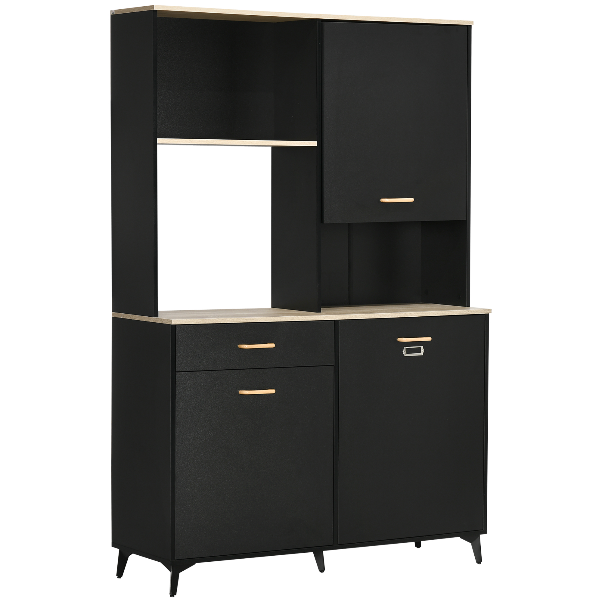 HOMCOM Alacena de Cocina Aparador de Comedor con 1 Cajón 3 Puertas y Almacenamiento Abierto Mueble Auxiliar para Microondas de Estilo Moderno 119x41x180 cm Negro