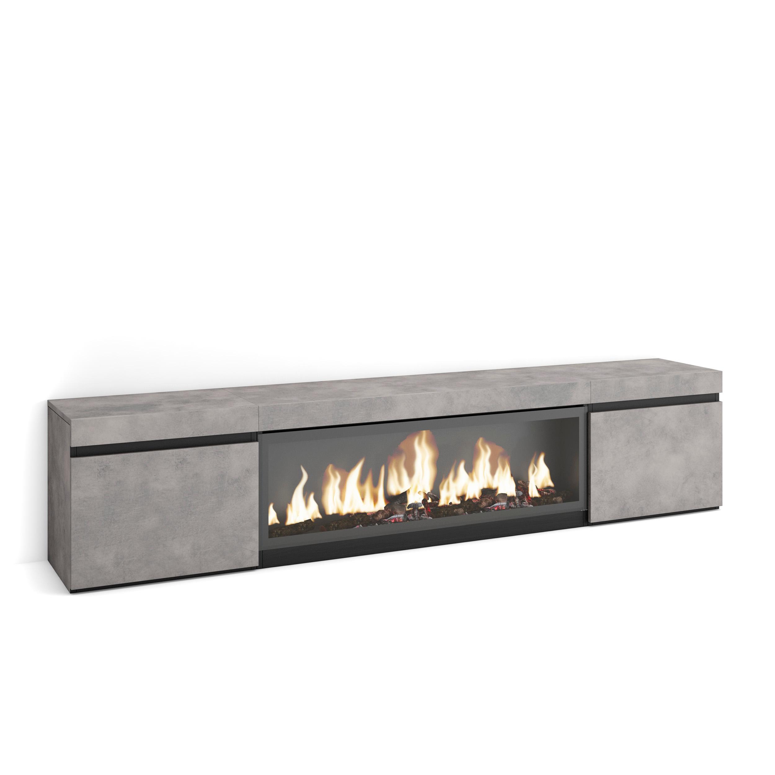 Skraut Home, Mueble TV de salón, 208x35x45cm, Fuego Led XXL efecto 3D, Veteado de madera, Tacto poroso de alta calidad