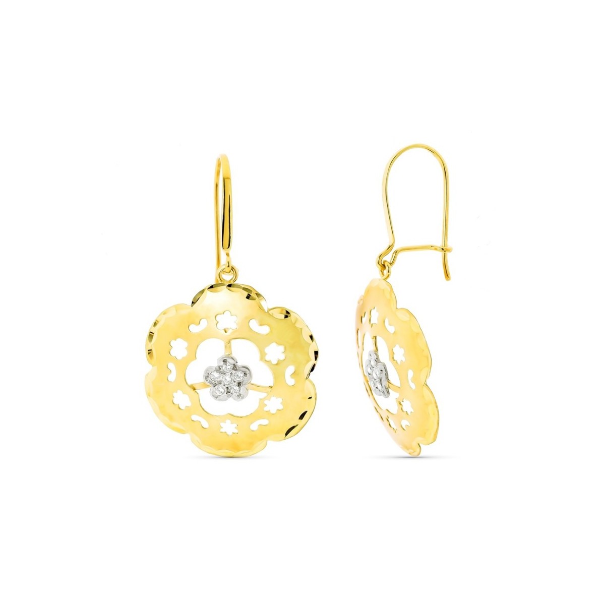 Pendientes oro bicolor 18k largos mujer circonita calados flor mate brillo hippie gancho