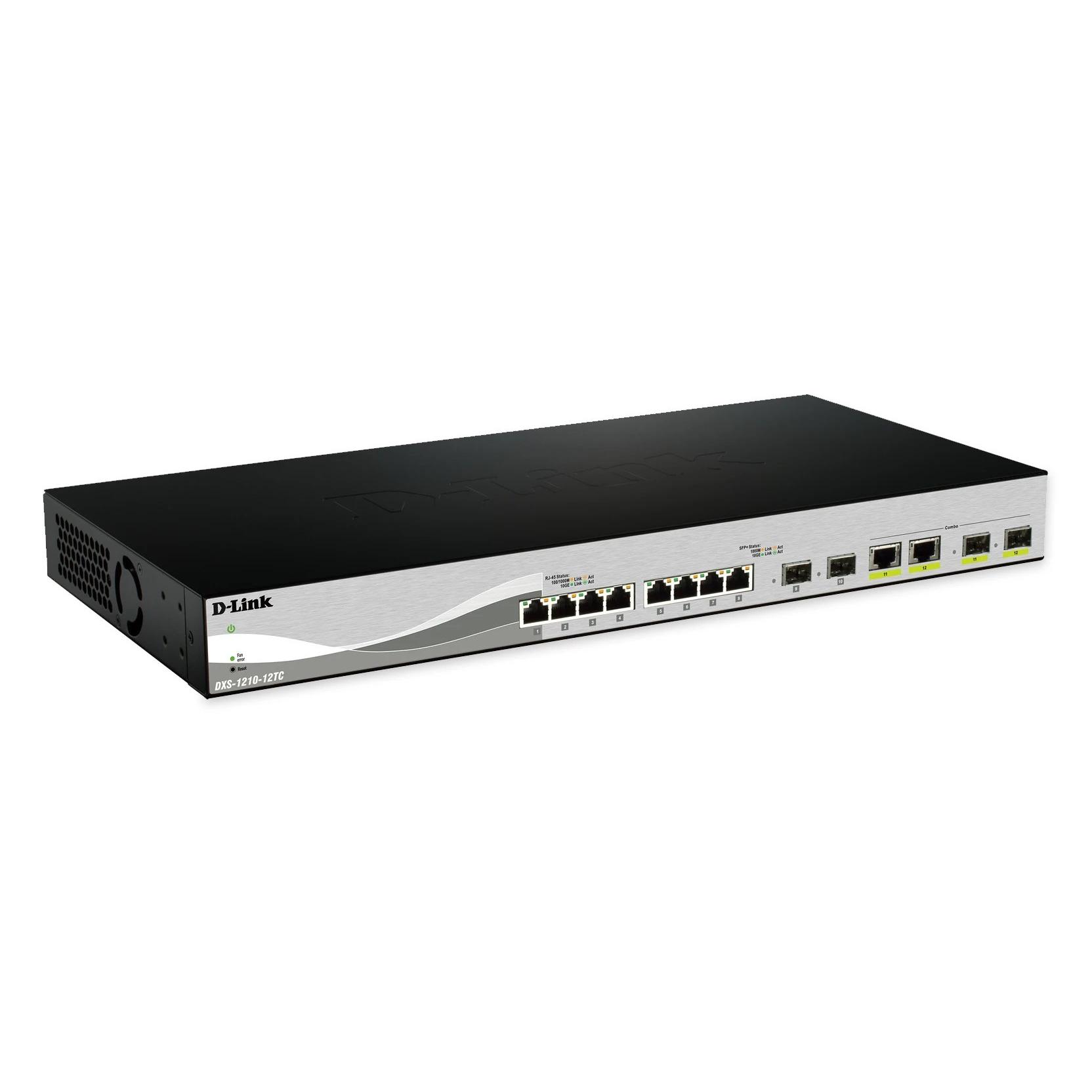HUB Switch puertos 10 x 10GBASE-X SFP+; 2 x combo 10GBASE-T / 10GBASE-X SFP+; 1 x consola RJ-45 D-LINK DXS-1210-12SC/E  | 10 Gigabit Ethernet, Negro, Plata