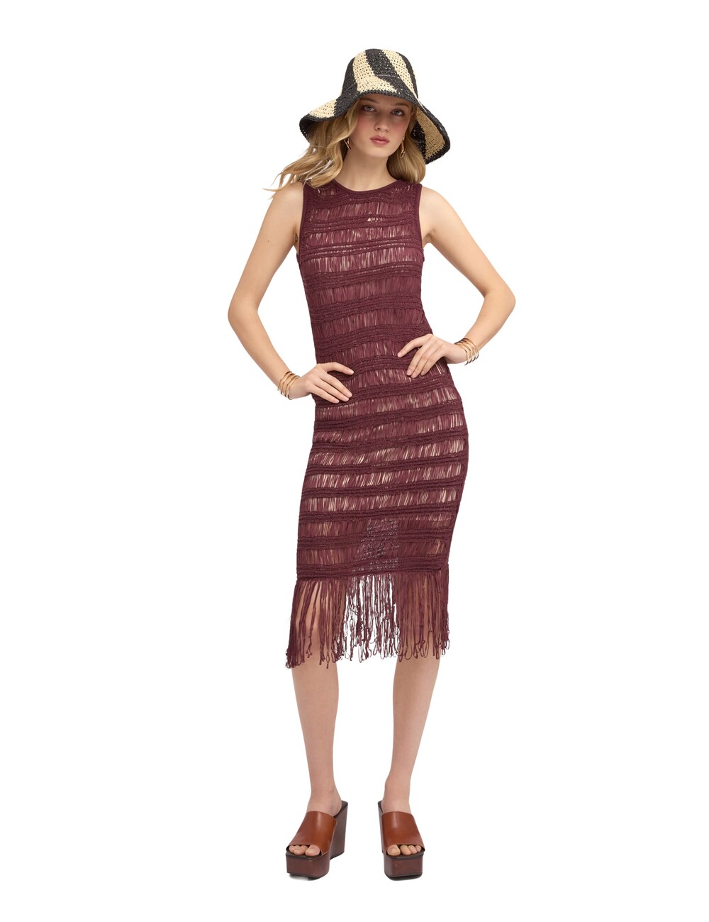 Motivi - Vestido tubo de punto macramé con flecos