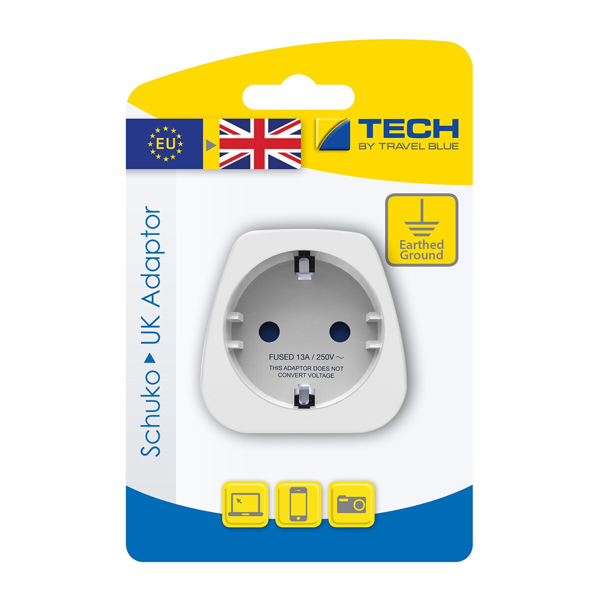 Enchufe Adaptador Tech Travel Blue Europa Europeo Español a UK Reino Unido 13 A / 250 V, No Convierte Potencia, con Toma de Tierra