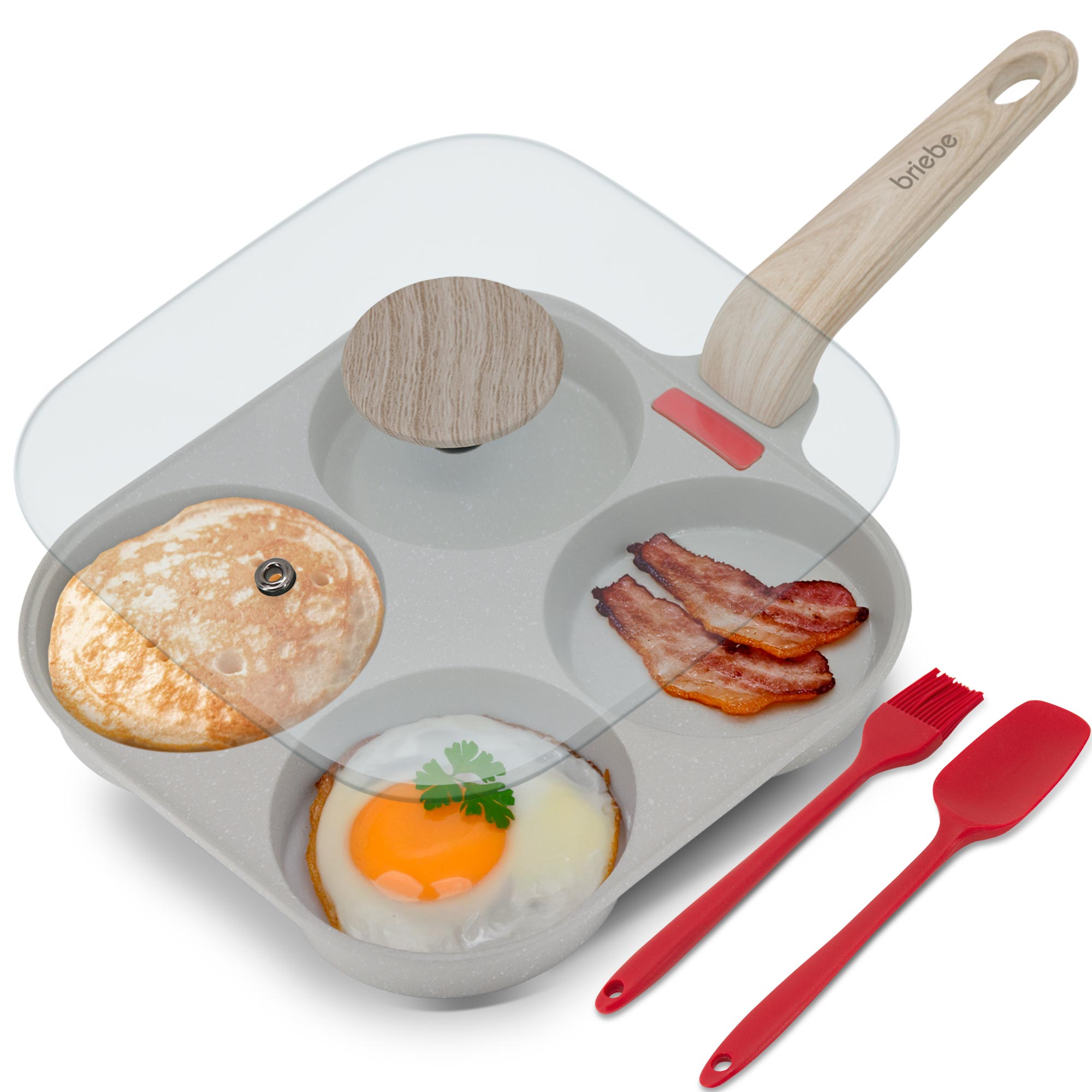 Briebe FPE1176 Sartén 4 Tortitas Huevos Fritos Poché, Tapa Vidrio, Aluminio Antiadherente Libre de PTFE y PFOA, , Crema