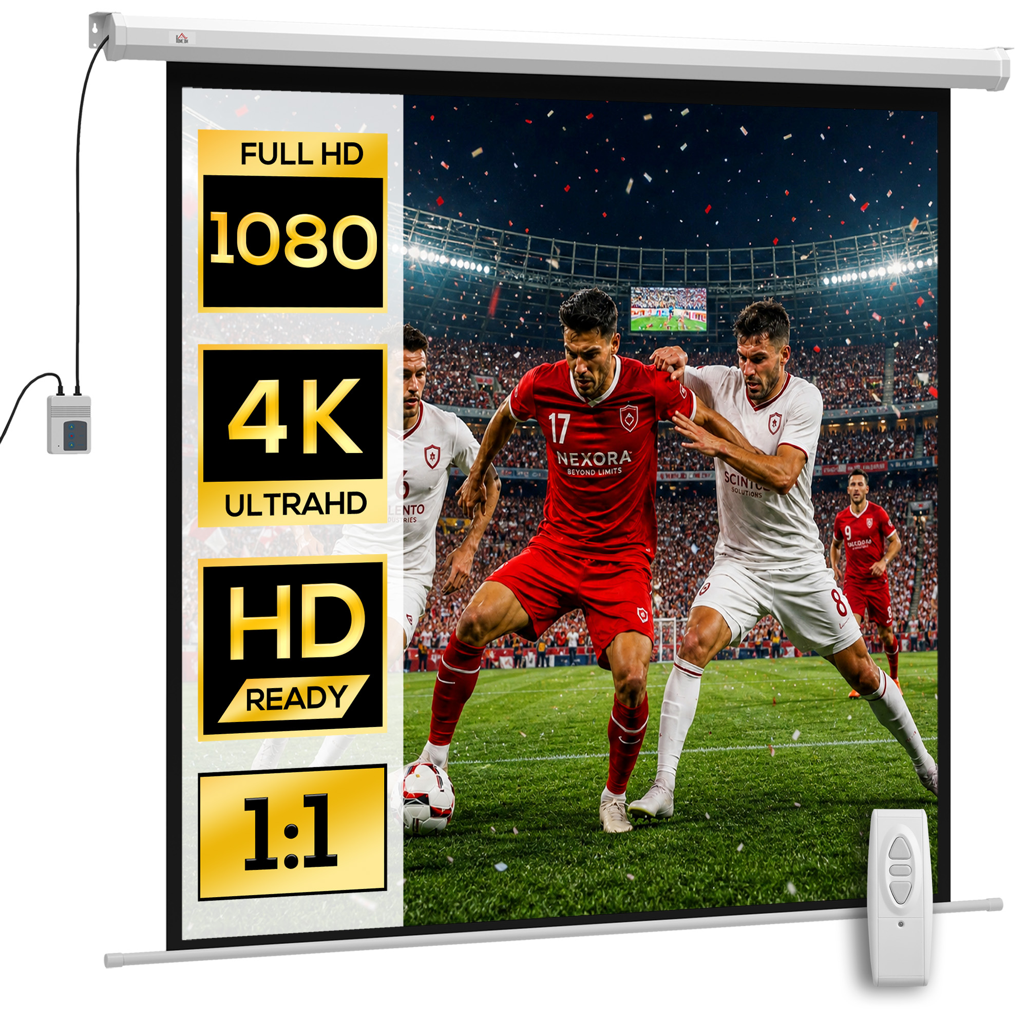 HOMCOM Pantalla de Proyector Eléctrica, Pantalla de Proyección con Control Remoto, Formato 1:1, HD 4K, para Interior y Exterior, Eventos Deportivos, Cine en Casa, Oficina, Blanco