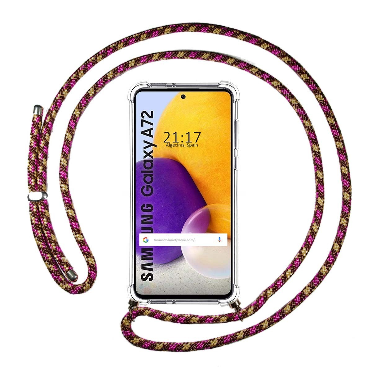 Tumundosmartphone Funda Colgante Transparente para Samsung Galaxy A72 con Cordon Rosa / Dorado