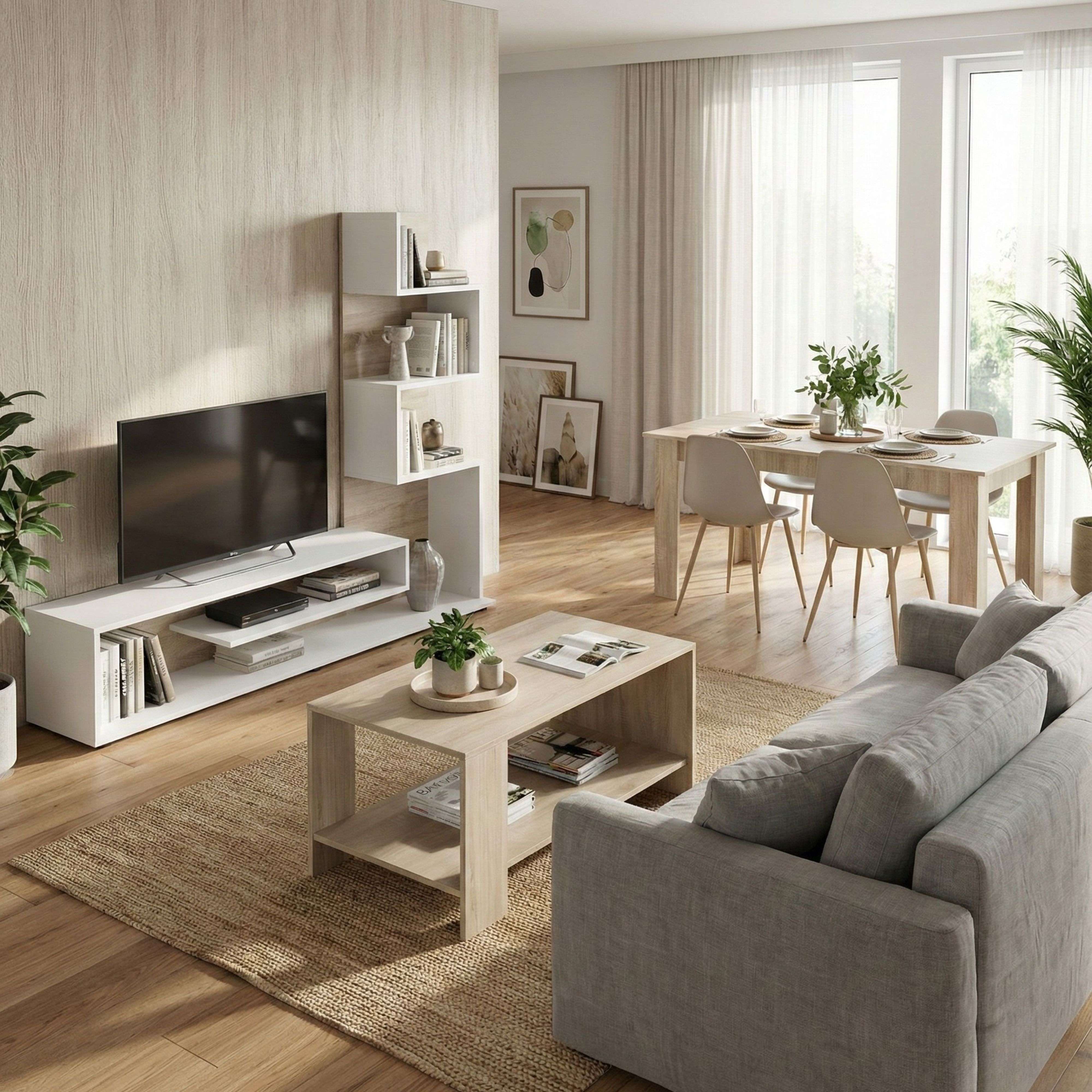 Miroytengo Pack Muebles de Salón Snake - Mueble TV, Mesa de centro y Mesa de comedor en Roble Sonoma, Melamina