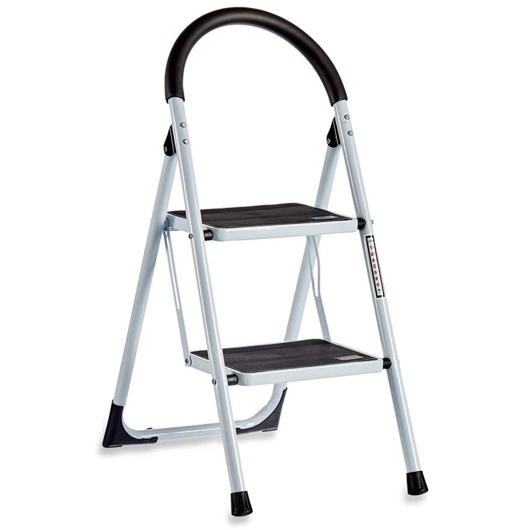 TIENDA EURASIA® Escalera Plegable - Estructura de Metal Reforzado Acabado en Blanco Brillo y Peldaños Antideslizantes Negros - 2 o 3 Peldaños