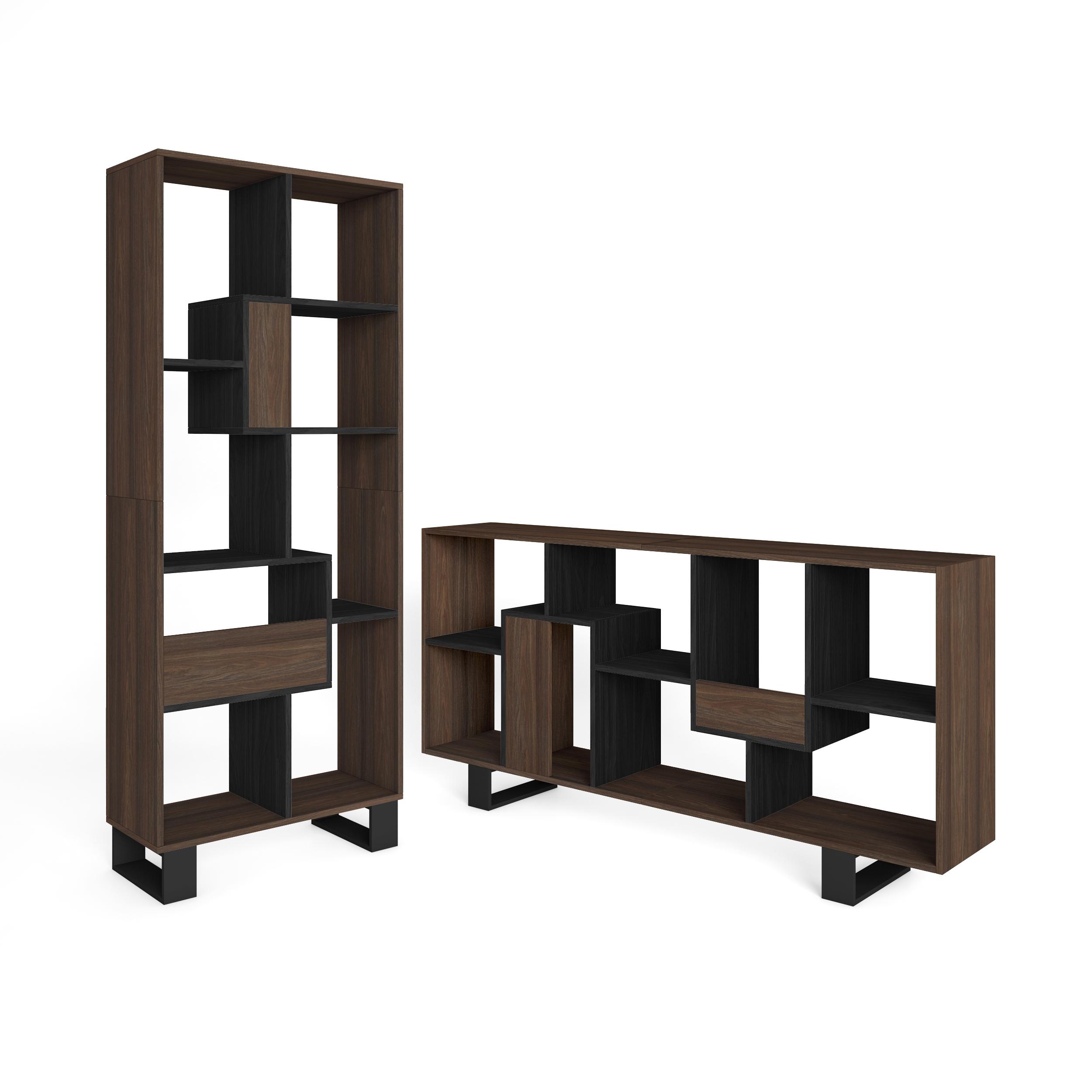 Skraut Home, Librería estantería, Estanteria libros de pared, 67x31x174cm, Diseño industrial, Estilo Moderno, Roble oscuro y Negro