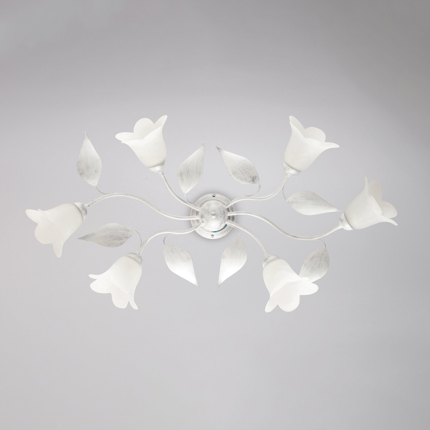6 luces de techo Olga hierro forjado y vidrio blanco y plata