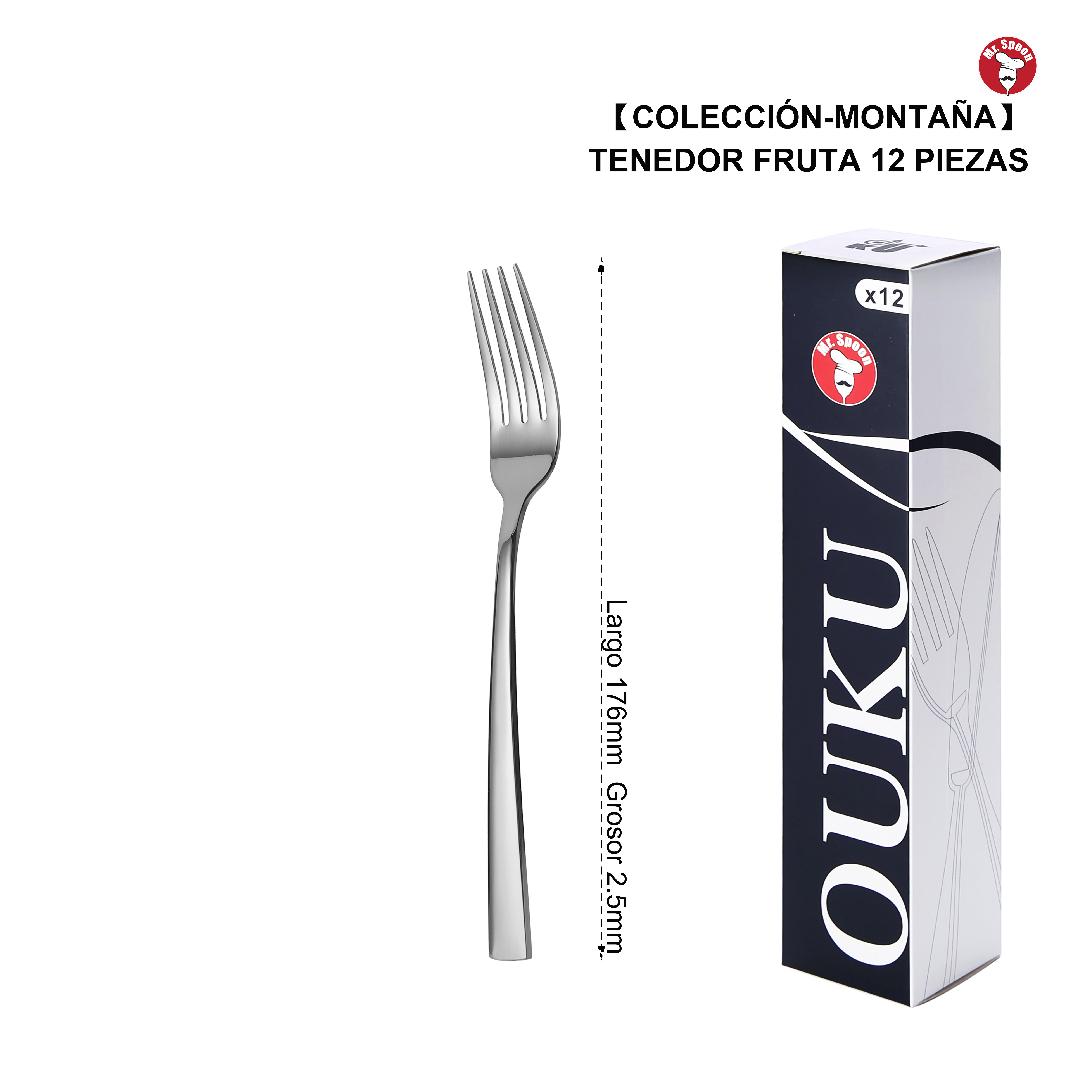 Mr.Spoon Serie Montaña Tenedores 12, 48 o 120 piezas,Acero inoxidable 18/0,Económico y funcional,Tenedor mesa largo 206mm,tenedor fruta 176mm,tenedor postre 137mm,Mango monobloque,Apto para lavavajillas,Empaque ecológico,Para casa,hotel,restaurante
