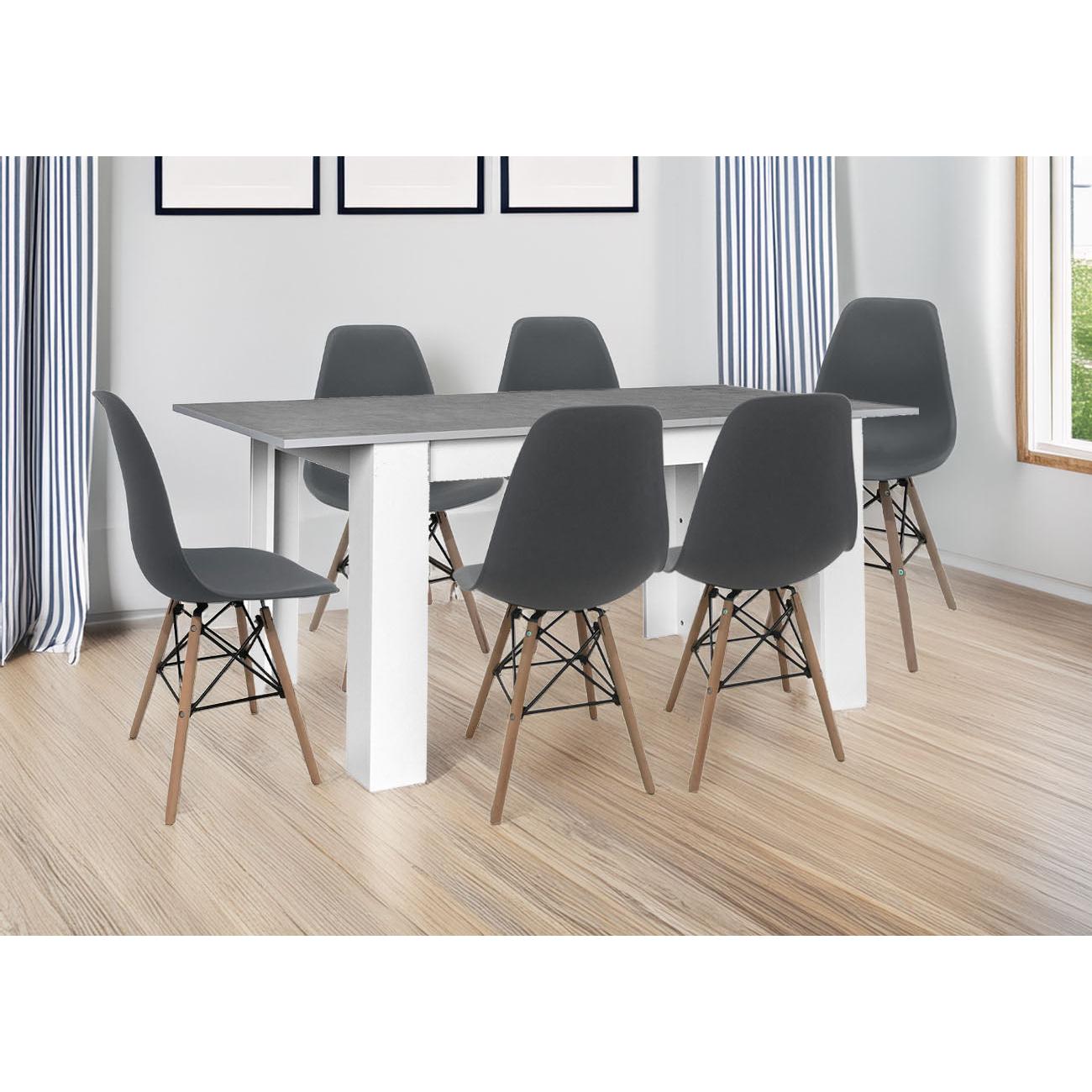 Mesa Extensible de Comedor o Cocina Blanco y Gris + 6 Sillas Estilo Nordico Negro