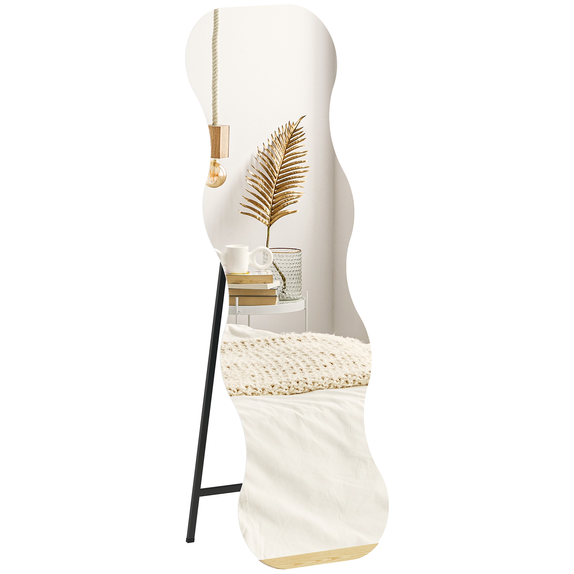 HOMCOM Espejo de Cuerpo Entero Ondulado 160x50 cm, Espejo de Pie o Apoyado en la Pared, sin Marco, Base de Madera, para Salón, Dormitorio, Pasillo, Entrada