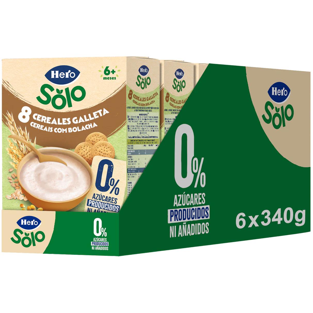 Hero Solo Pack Papillas 8 Cereales con Galleta María. 0% azúcar producido ni añadido. Pack 6x340gr