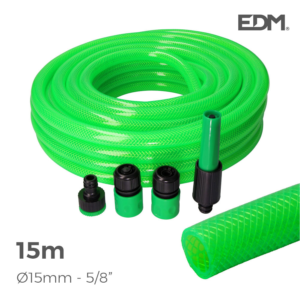 >kit manguera jardin anti-torsion ø interior 15mm ø exterior 20mm (5/8") - rollo 15m con accesorios edm