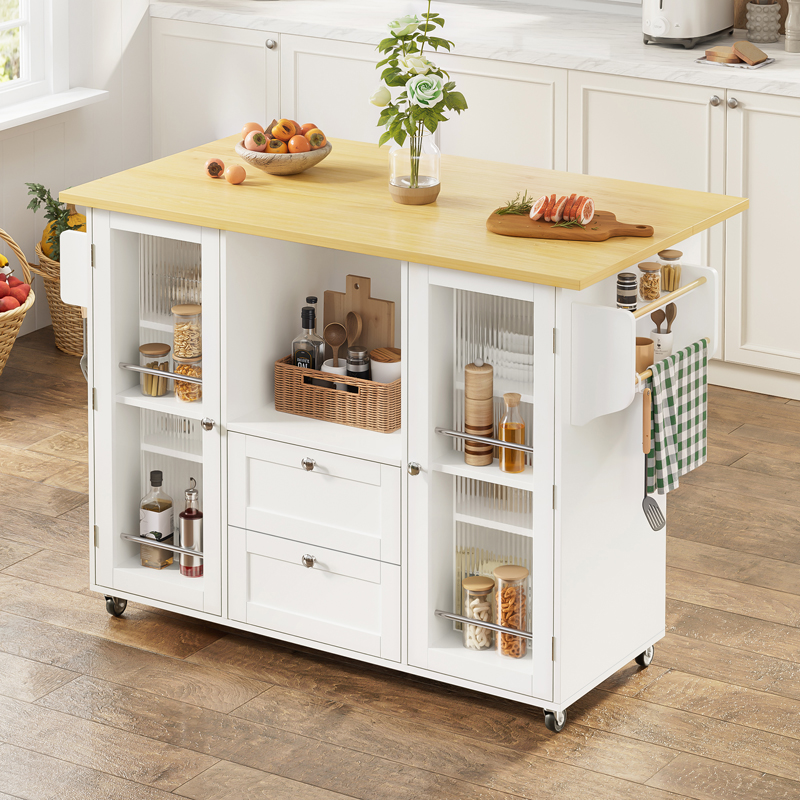 Îlot de cuisine mobile blanc et bois naturel avec plateau rabattable, rangements et roulettes