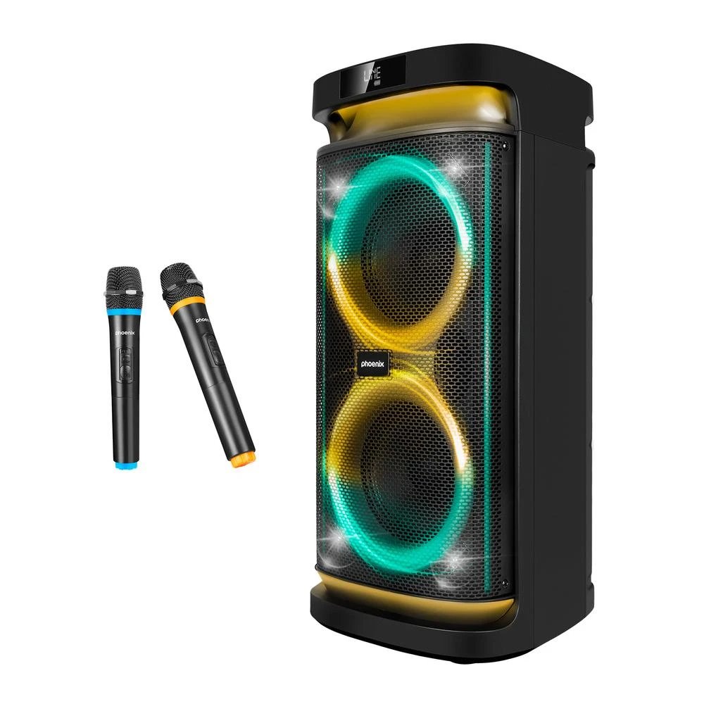 Phoenix - Altavoz RumbleBoss 80W RMS para salón o fiesta, Bluetooth, USB, micro SD y radio FM con batería de 4000 mAh y micrófonos inalámbricos