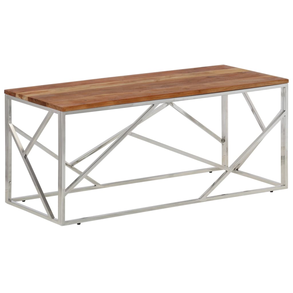 Vidaxl Mesa de Centro de Acero Inoxidable y Madera Maciza Plateado Dorado