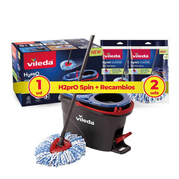 Vileda Mopa H2PRO Spin Mop o H2PRO Spin Mop + 2 Recambios | Cubo de doble cámara para separación de agua limpia y sucia | Mopa triangular para llegar a esquinas y muebles | Cabezas de mopa lavables y reutilizables | Limpieza eficiente y sin esfuerzo