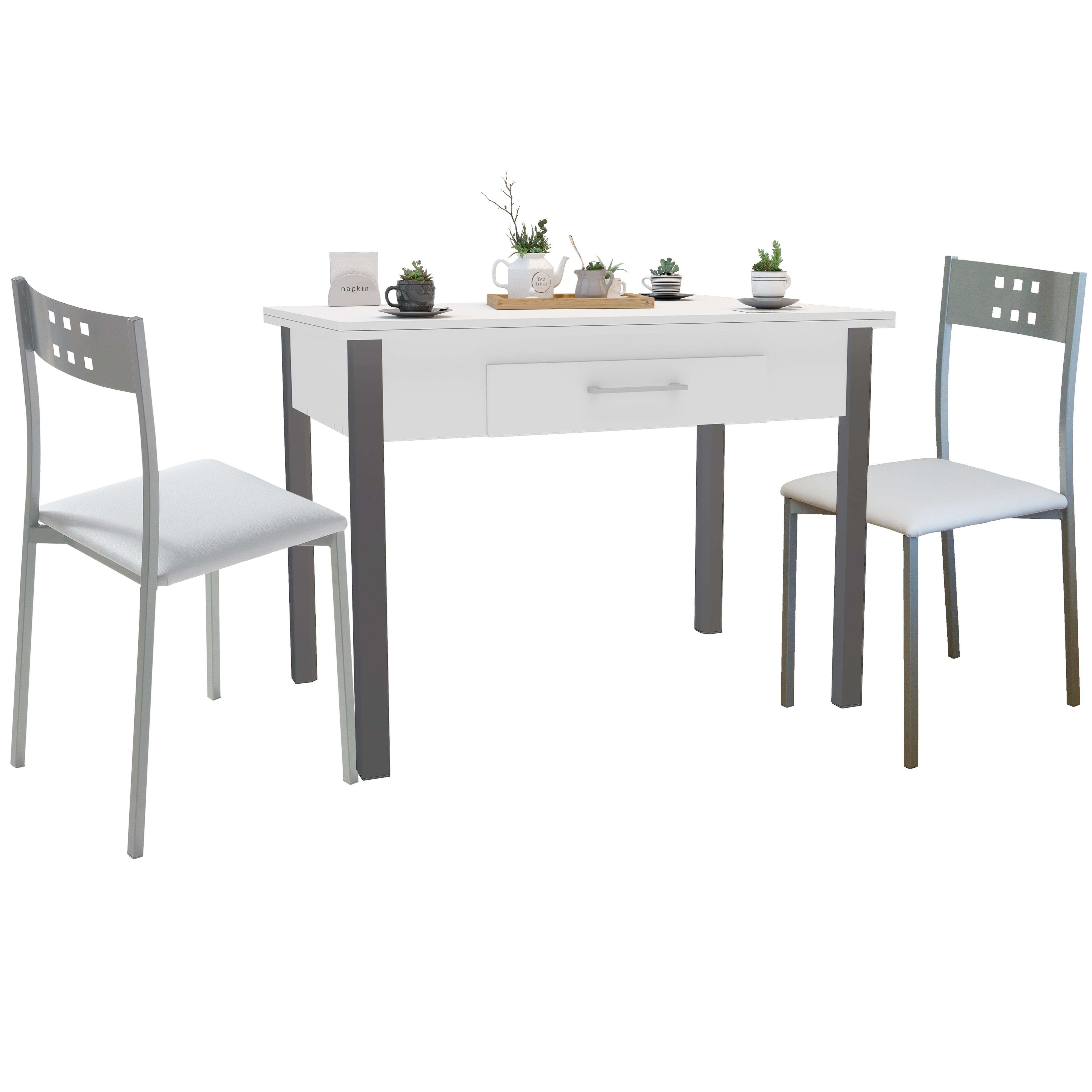 Miroytengo Conjunto de Mesa Extensible con 2 Sillas Cocina, Mesa Extensible 140 cm, Muebles de Cocina Blanco y Gris