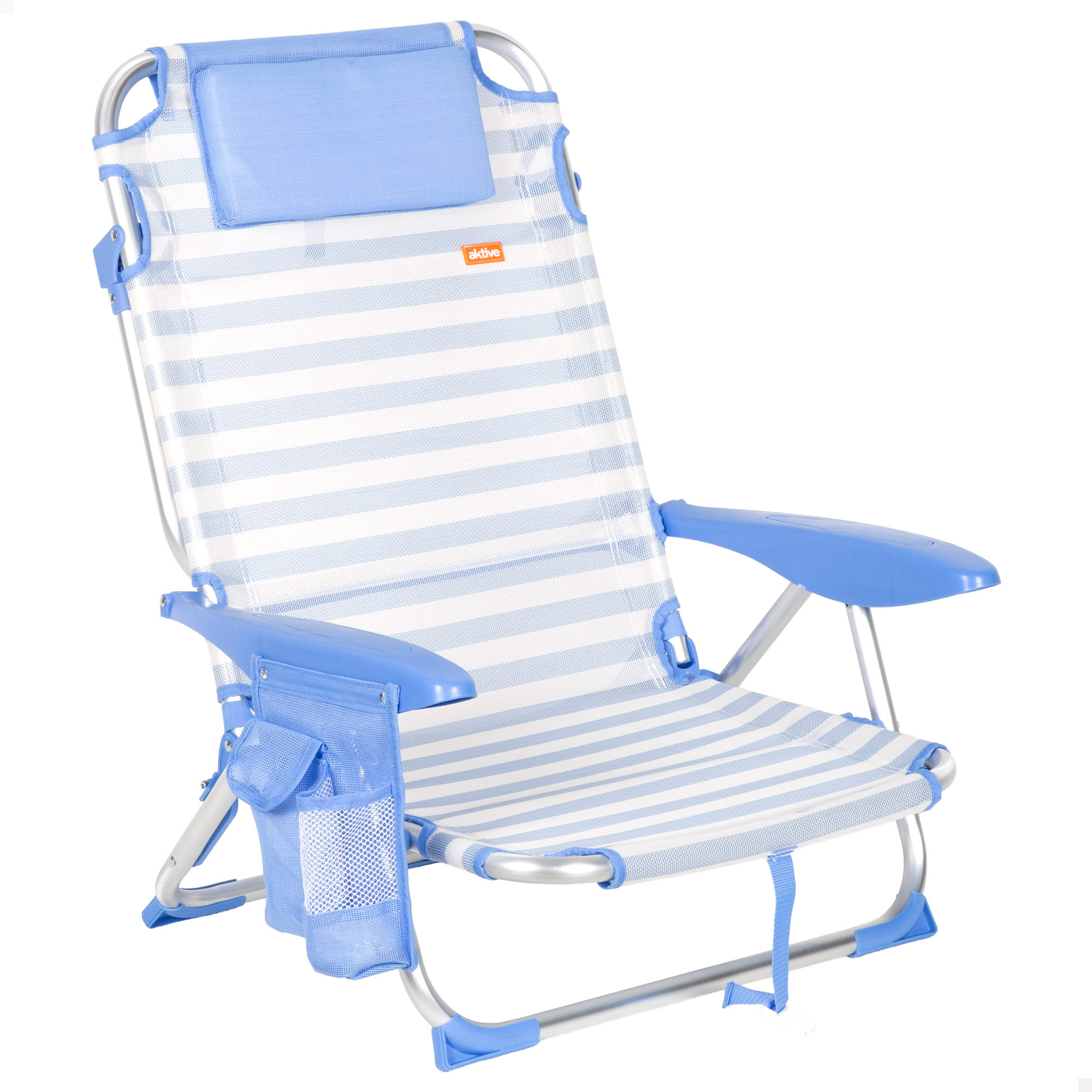 Aktive - Silla de playa plegable multiposición, aluminio y textileno, asiento bajo, incluye bolsillo lateral, cojín acolchado, asa de transporte, silla reclinable de playa, respaldo reclinable