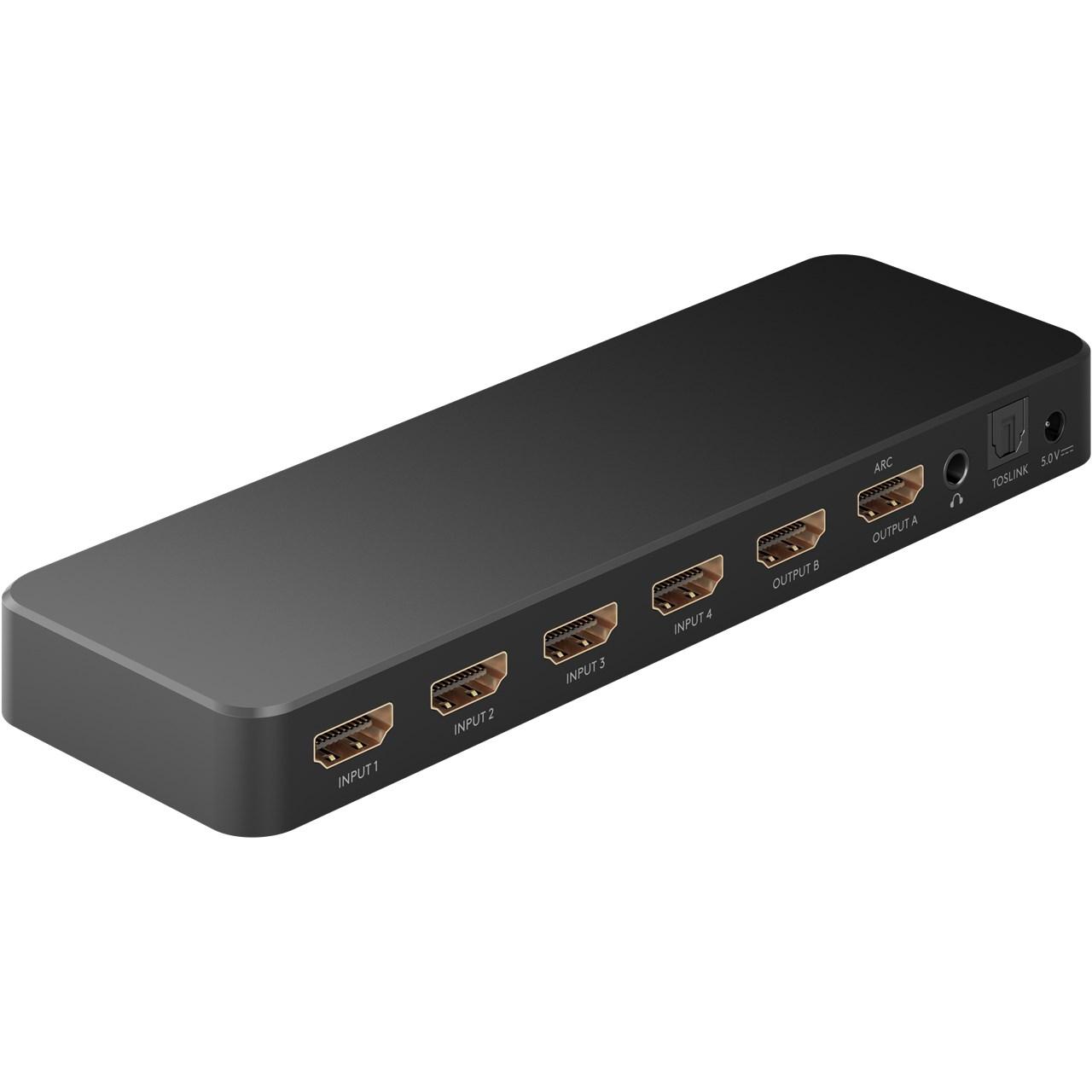 goobay 58479 HDMI Matrix Switch 4 a 2/Divisor Matrix Switch 4k @ 60 Hz/con mando a distancia para reproductor de Blu Ray, Xbox, PS5 y TV/conmutador de 4 entradas y 2 salidas,Schwarz