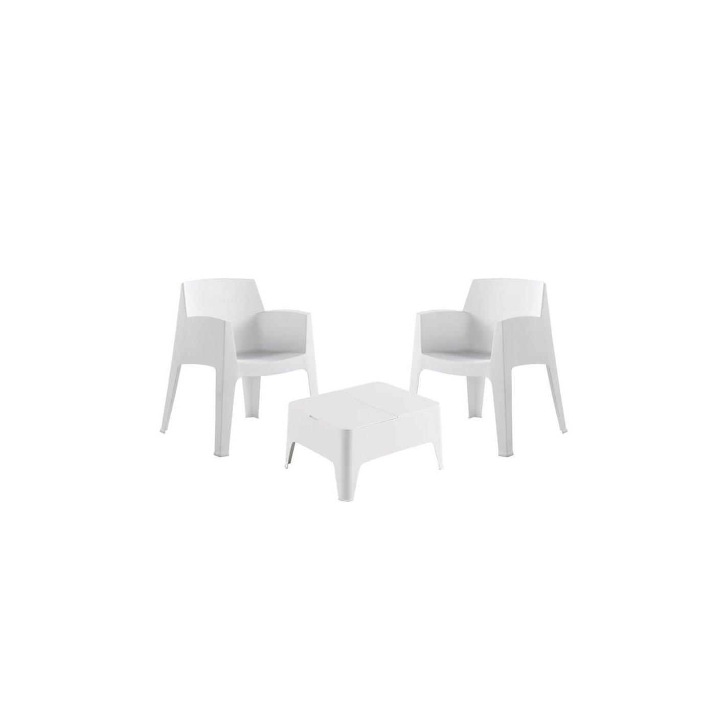 JARDIN202 - Set Costa - Elegante Conjunto Blanco con 2 Sillas y Mesa Auxiliar con Cajón de Almacenamiento