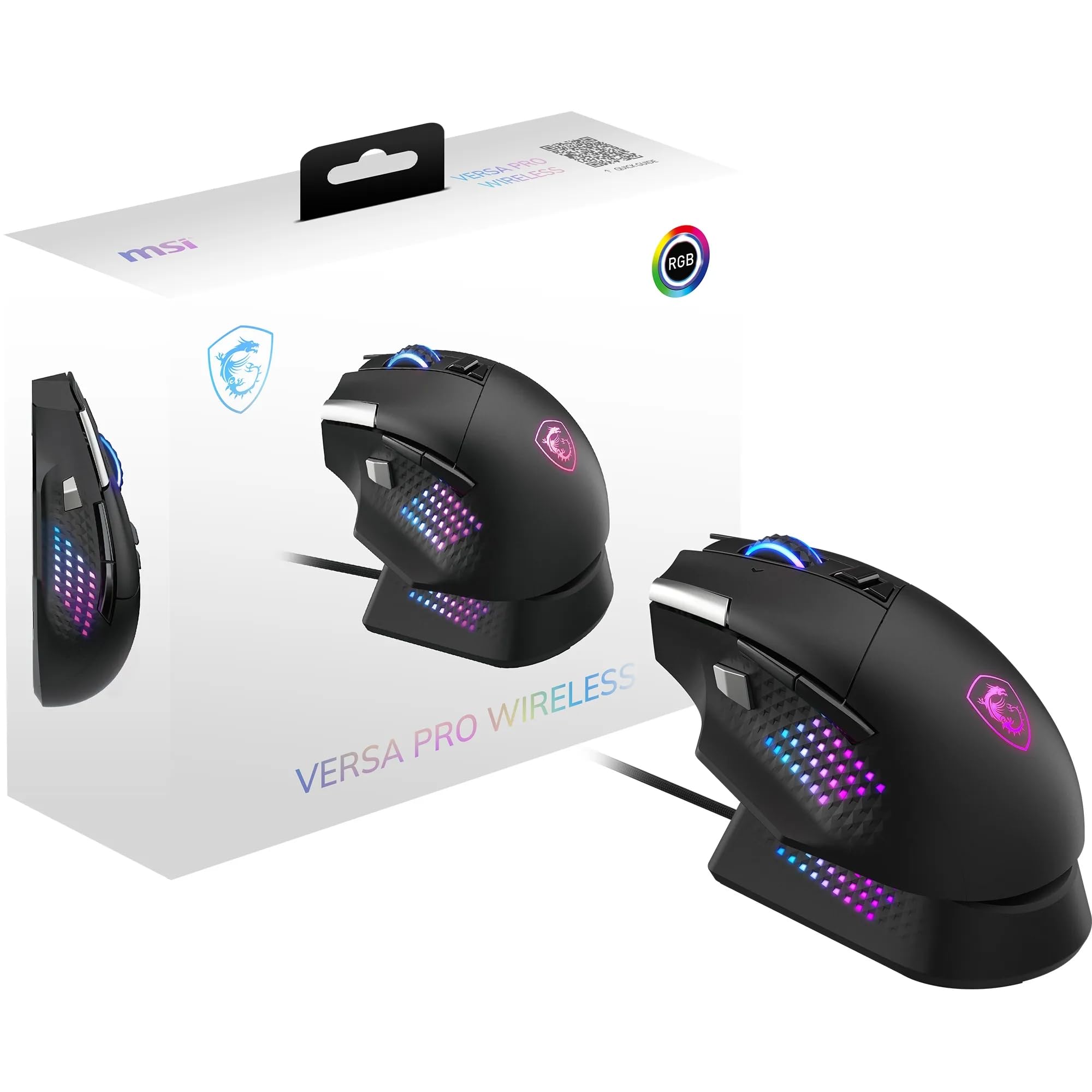 MSI Versa Pro Wireless + Mouse Dock Pro Ratón Gaming – Base de Carga, Sensor óptico de 26.000 PPP, frecuencia de sondeo de 1.000 Hz, diseño para diestros, batería de 80 Horas, con Cable e inalámbrico
