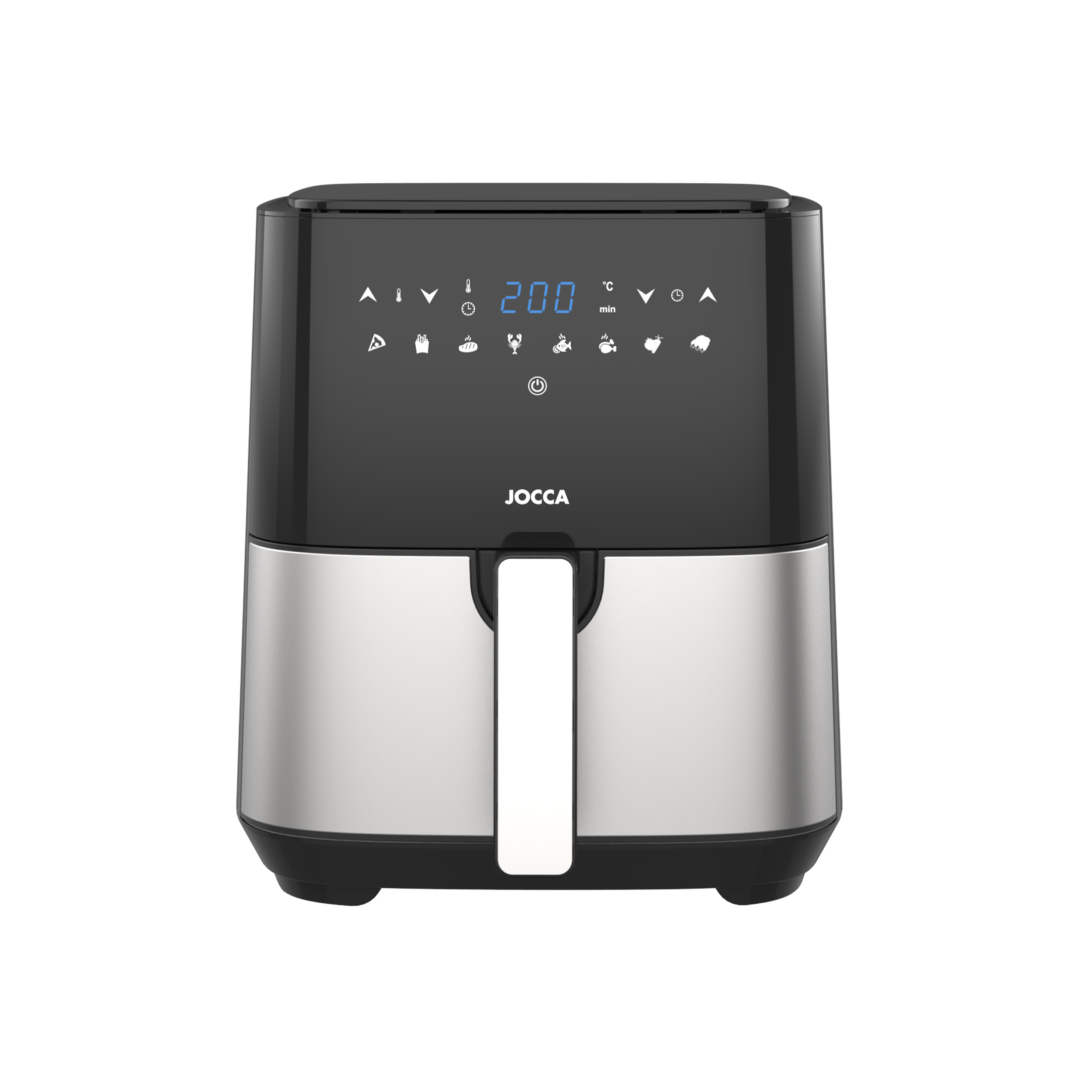 Freidora Jocca de aire caliente digital con 5 litros de capacidad, 1450W de potencia, 8 funciones pre-programadas, temperatura ajustable, temporizador de 60 minutos, apagado automático y libre de BPA & PFOA