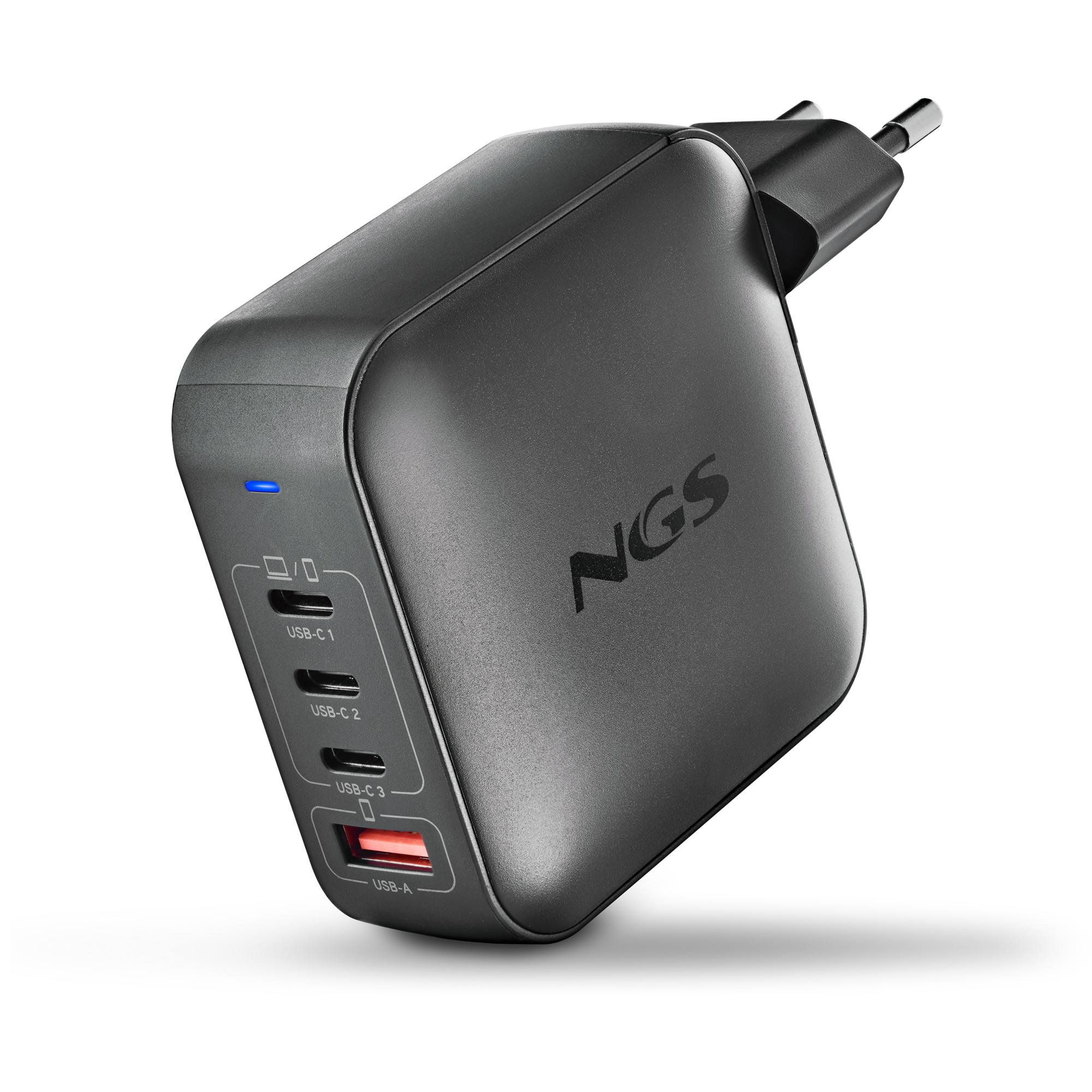 NGS BUD 165W: Cargador GaN de pared universal de 165W con 4 Puertos: 3 USB-C+1 USB-A. Carga rápida. Gran compatibilidad. Carga simultánea. Negro.