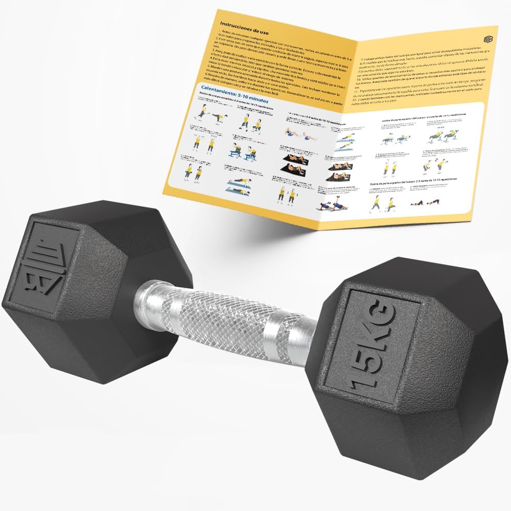Mancuernas hexagonales de caucho profesional 10 kg, 15 kg, 20 kg, 25 kg y 30 kg - pesas antideslizantes con agarre ergonómico y barra cromada para gimnasio, fitness y musculación. MANIBOOM