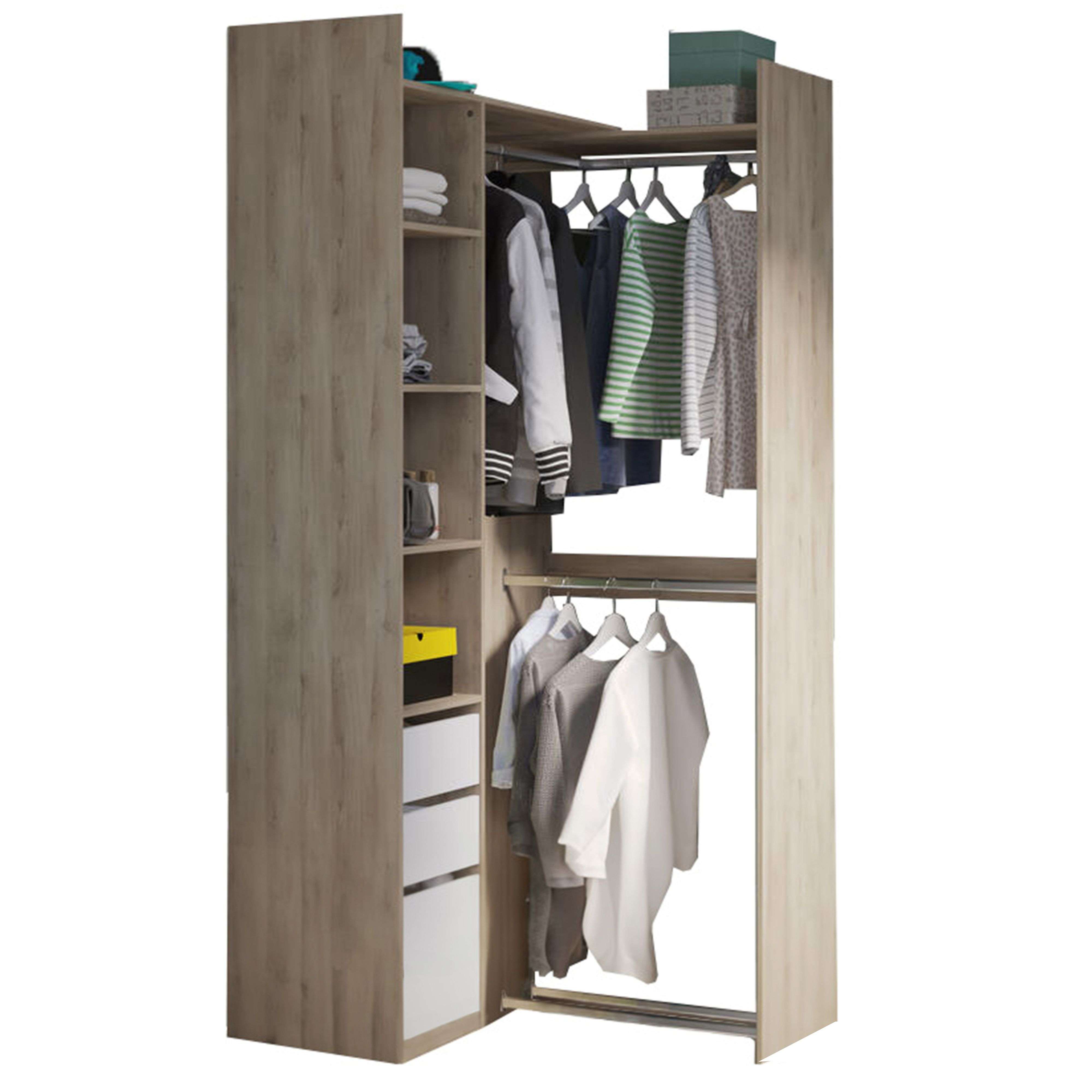 Vestidor Esquinero Dormitorio Abierto 2 Posiciones Swing Roble y Blanco 200x218 Cm
